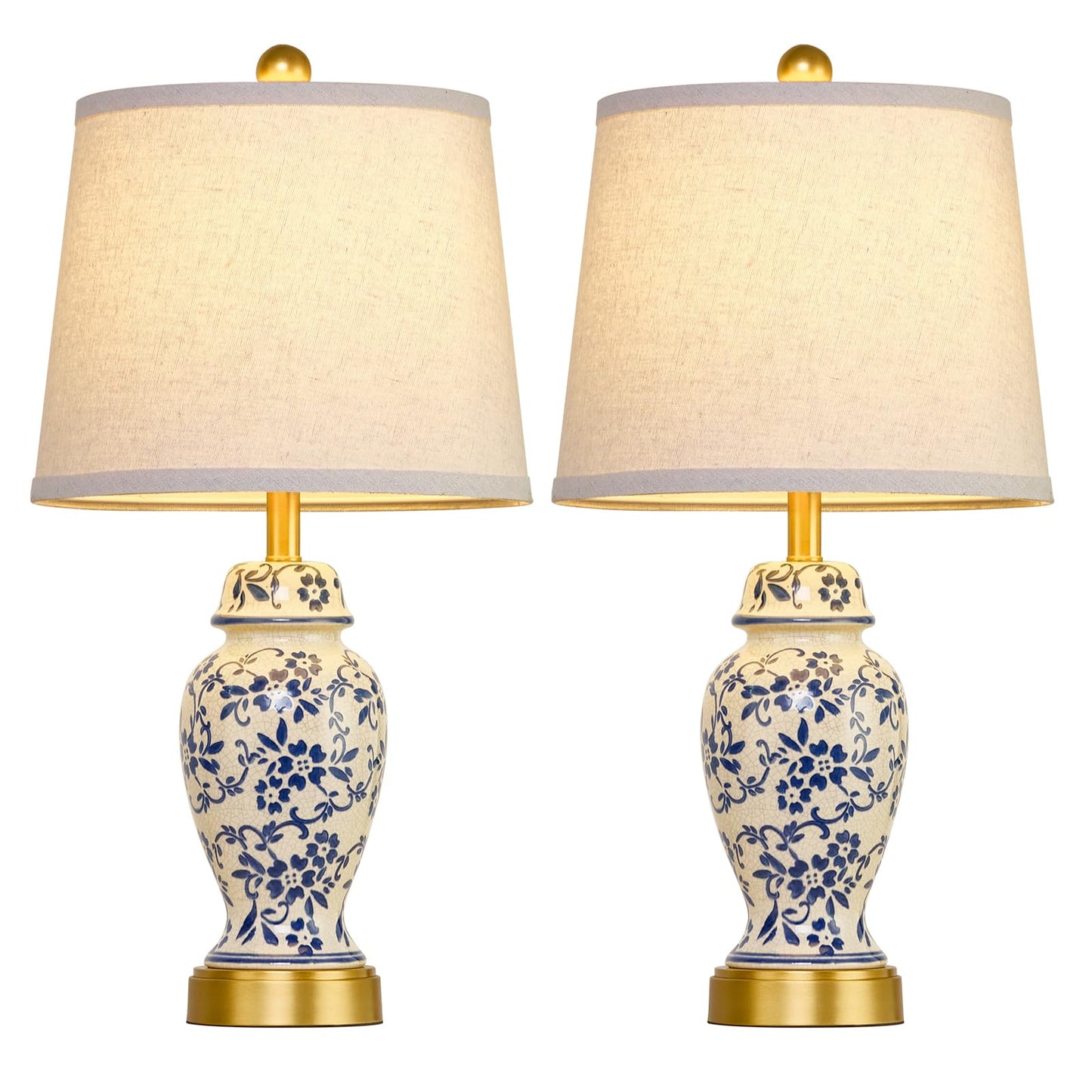 RORIANO Chinoiserie Ceramic Table Lamps Set of 2 for Living Room Bedroom Bedside, Traditional Blue Porcelain Classic Table Lamp for Nightstand Entryway, 2 LED Bulbs Included (Gold)