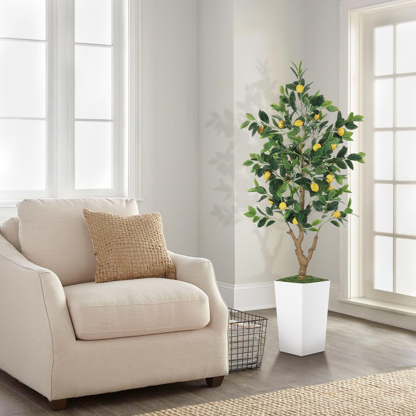 PHYTREE 5FT Artificial Lemon Tree with Pot - 60" Fake Lemon Tree with White Tall Planter, Faux Lemon Plant with Realistic Fruits and Silk Leaves, Artificial Plants Indoor for Home Office Kitchen Decor