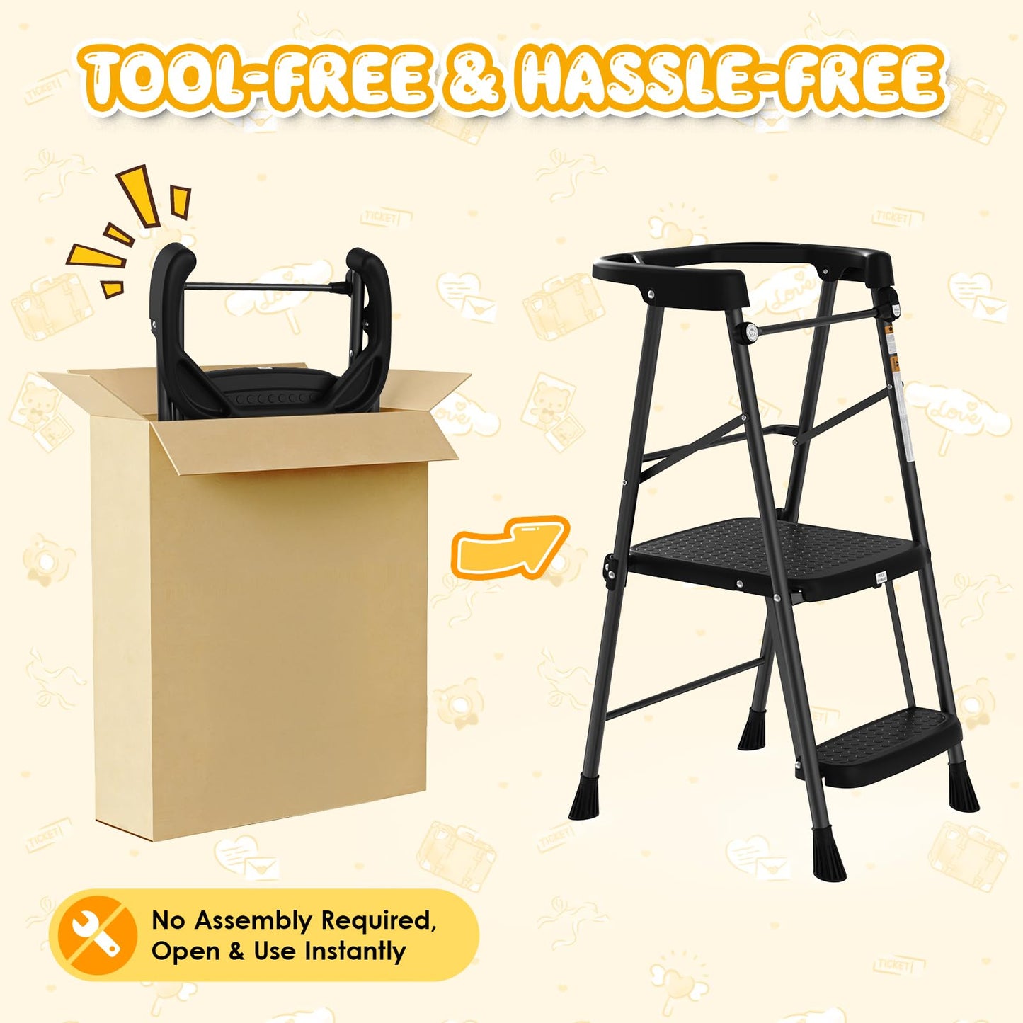 HBTower Kids 2 Steps Step Stool,Toddler Tower for Kitchen Counter Learning,Toddler Kitchen Stool Helper with Anti-Drop Safty Railing Kids Standing Folding Stepper(Black)