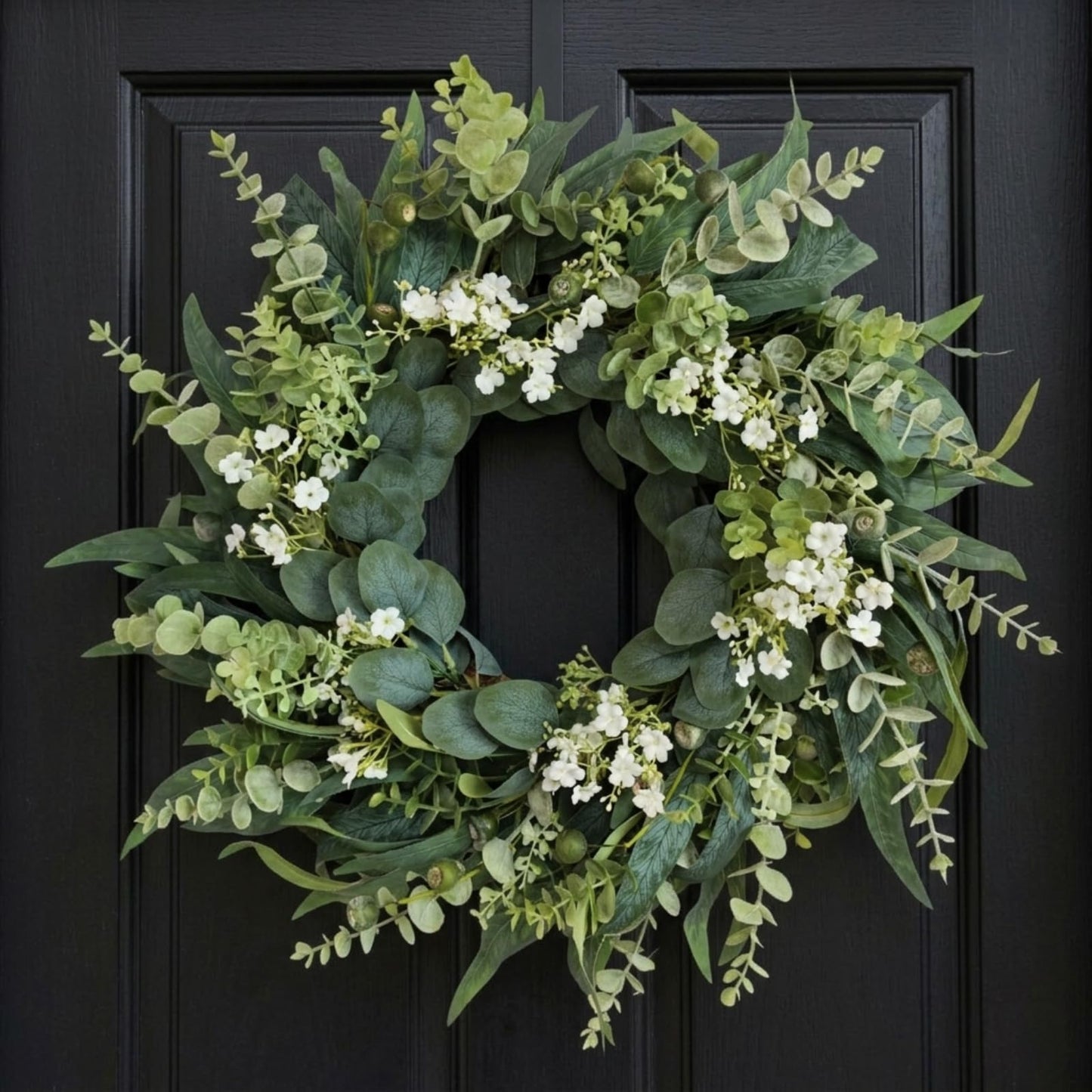 26" Eucalyptus Wreath for Front Door, Full Greenery Wreath with Baby’s Breath, Farmhouse Door Wreath, Year Round Spring Summer Wreath, Indoor Outdoor Home Decor
