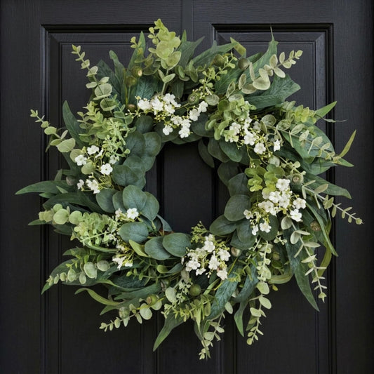 26" Eucalyptus Wreath for Front Door, Full Greenery Wreath with Baby’s Breath, Farmhouse Door Wreath, Year Round Spring Summer Wreath, Indoor Outdoor Home Decor