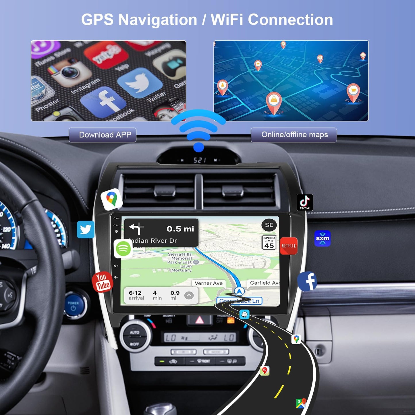 Car Radio Stereo for Toyota Camry 2012 2013 2014, 1G+32G Rimoody Carplay Android 13 10.1 inch Touch Screen GPS Navigation WiFi HiFi Bluetooth FM Radio Mirror Link Head Unit + AHD Backup Camera