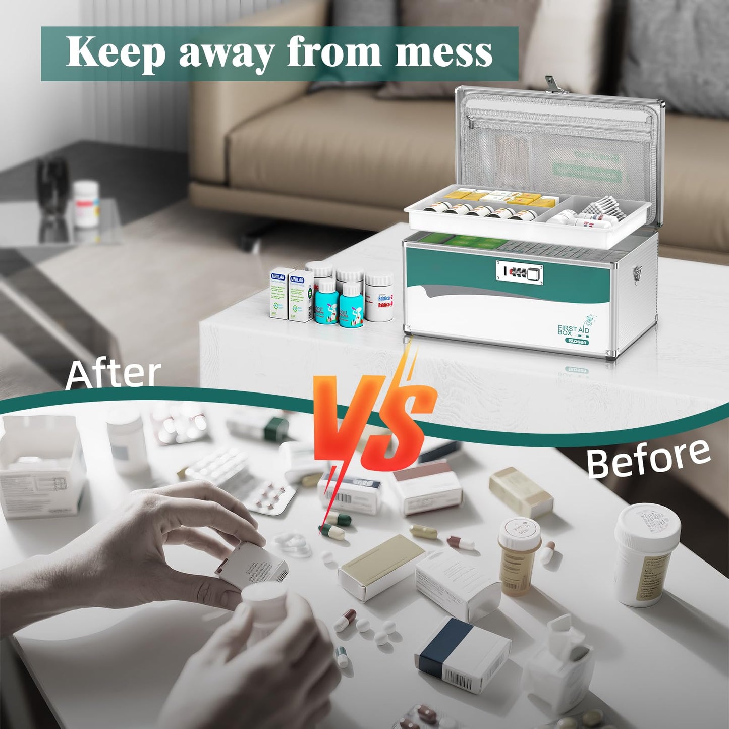 Glosen Medicine Lock Box with Combination Lock,Medication lock box【Extra Large16 x 9.25 x 7.5 Inch】 medicine safe lock box,medical box organizer