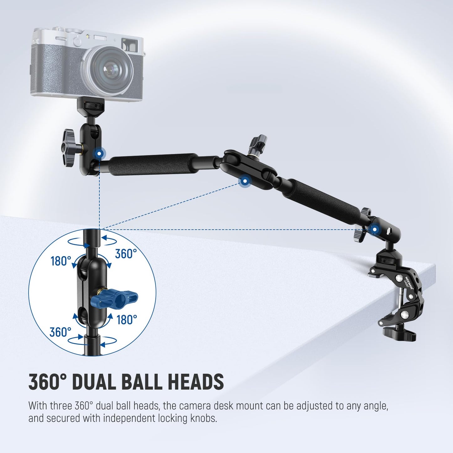 NEEWER 22" Magic Arm w Desk C Clamp, Overhead Camera Mount with Articulating Mic Boom Arm 1/4" 3/8" Threads for ARRI, Desktop Stand Holder for Phone Microphone Webcam Action Camera Video Light, UA057