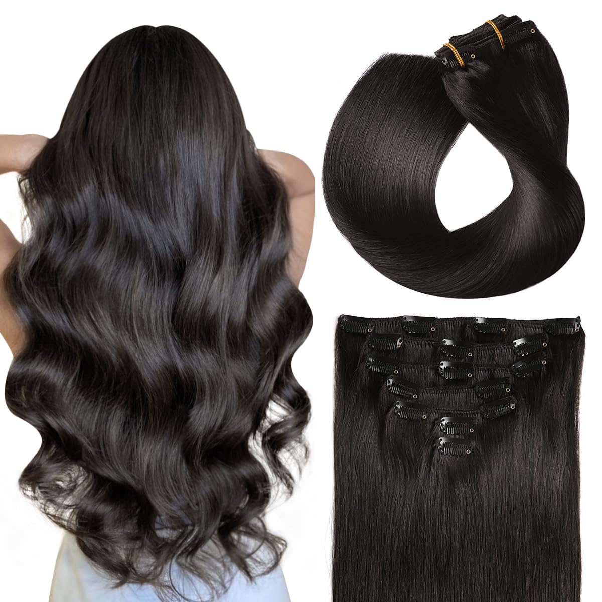 SUYYA Clip in Hair Extensions Real Human Hair,Hair Extensions Clip ins Straight Human Hair Clip ins Double Weft Natural Black Human Hair Clip in Extensions 7pcs 120g (20 inches #1B Off Black)