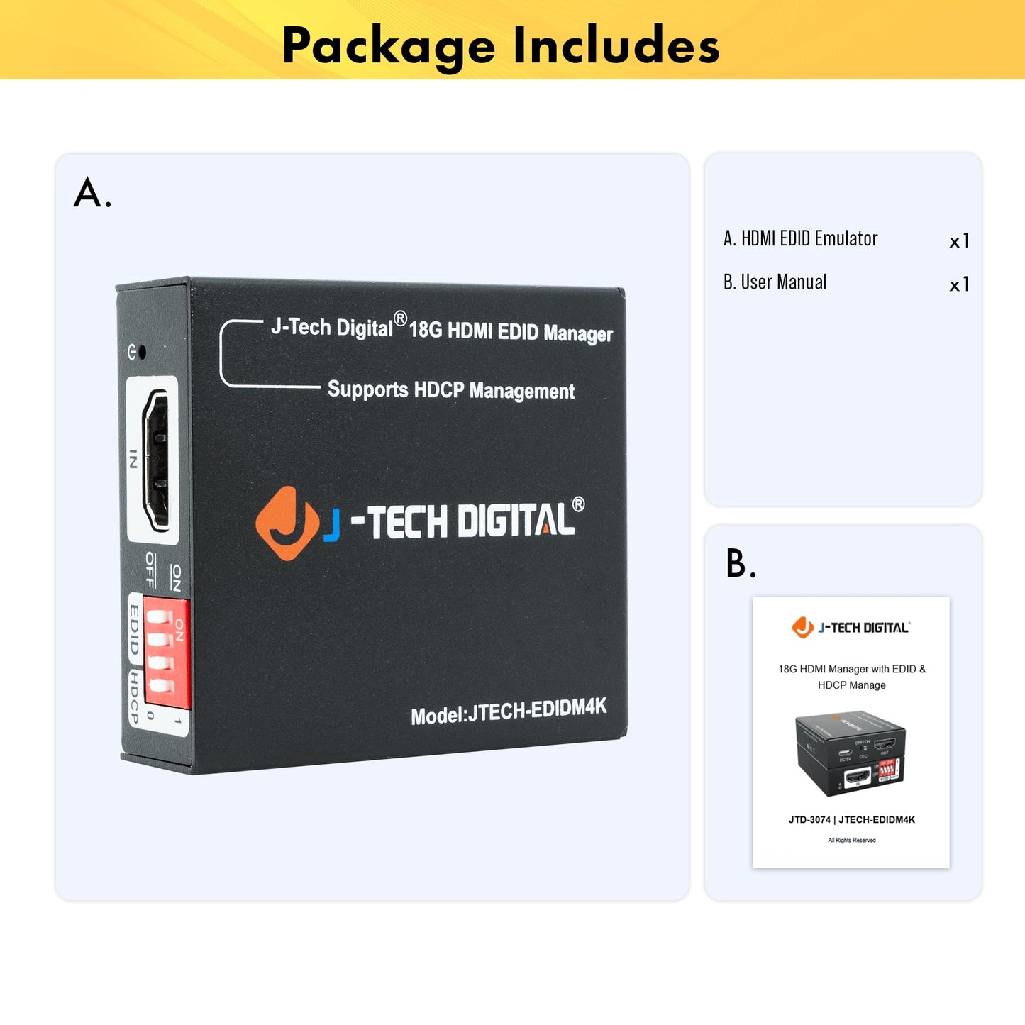 J-Tech Digital HDMI EDID Emulator HDCP Manager 4K60Hz Auto Downscaling, 8 EDID Modes & Custom EDID Settings, Power by USB C or HDMI, Supports CEC On/Off [JTECH-EDIDM4K]