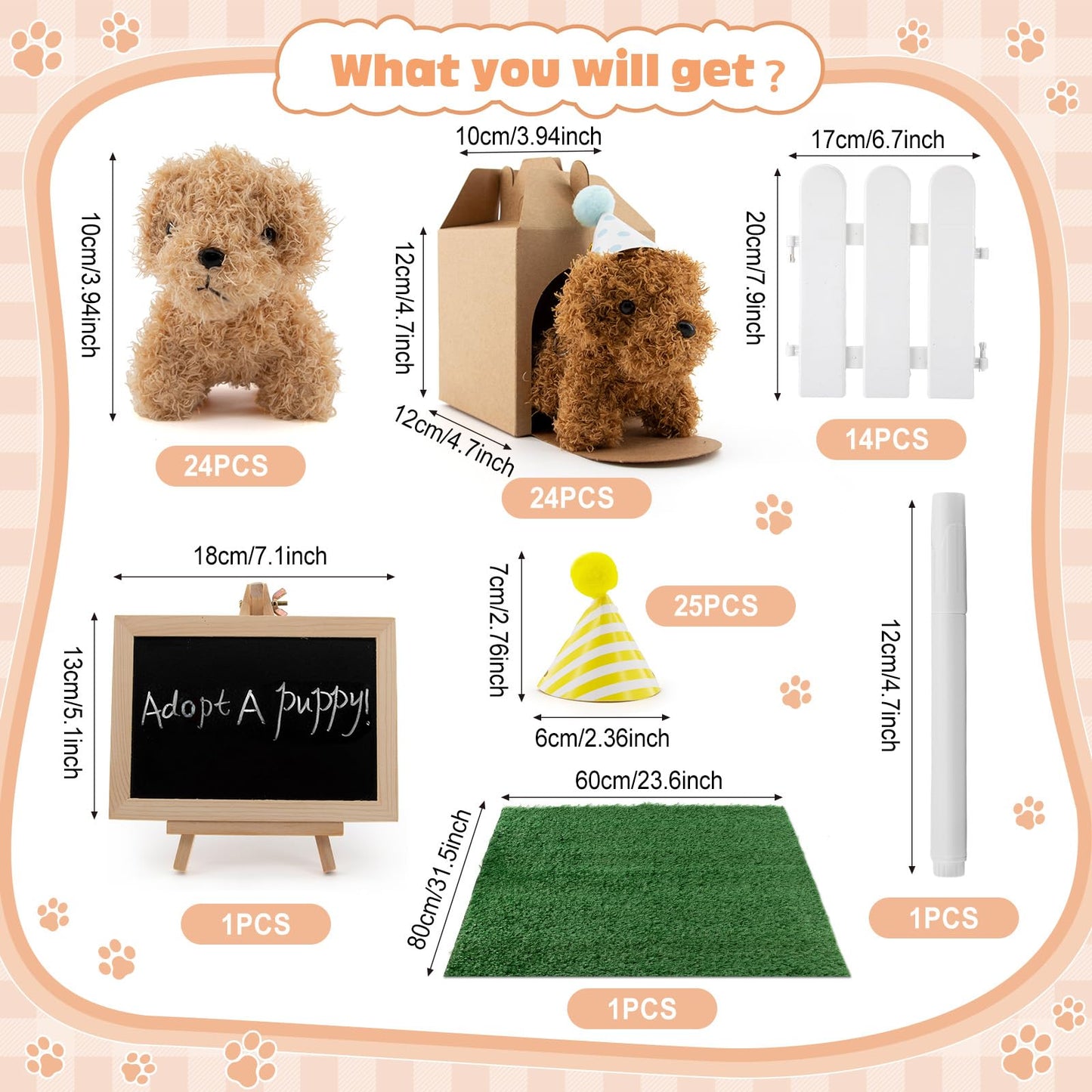 Rigibright 90Pcs Adopt A Puppy Party Favors Mini Plush Stuffed Animals Set Includes 24 Mini Dogs Birthday Hats White Plastic Fence with Artificial Lawn for Adopt A Pet Theme Birthday Party