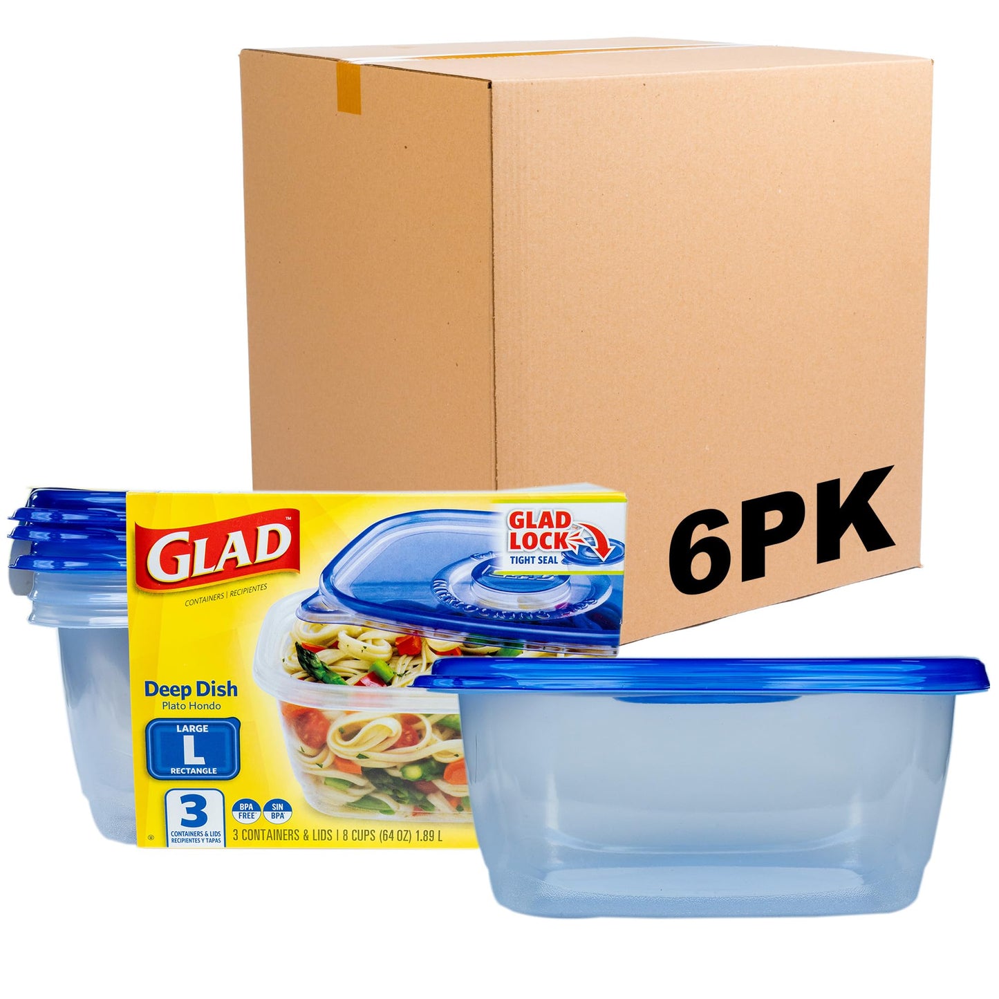 Glad GladWare Deep Dish Food Storage Containers with Lids, Large Rectangle BPA Free Plastic for Soups Salads and Meal Prep, Lock Tight Seal, Microwave Dishwasher Safe, 64 Oz, 3 Count - 6 Pack