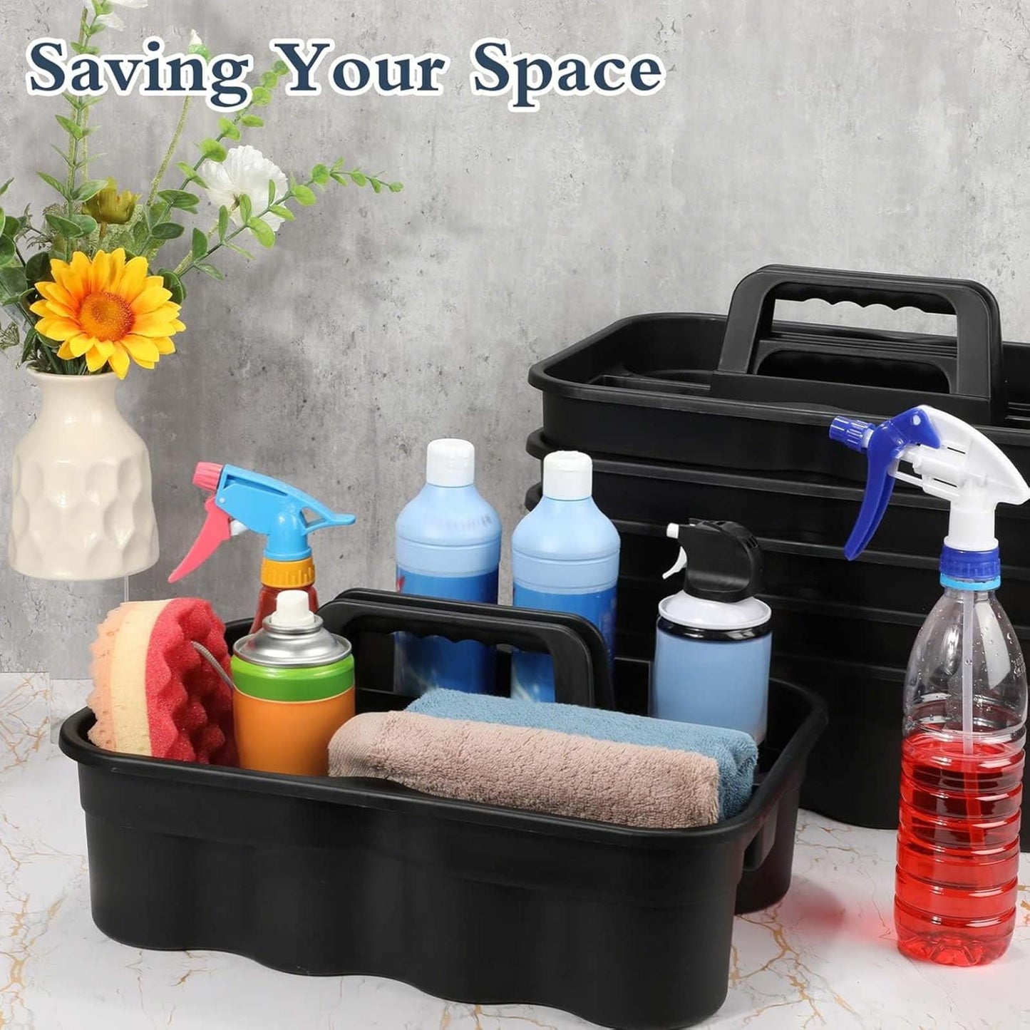 Wesiti 6 Pcs Cleaning Caddy with Handle Large Plastic Housekeeping Shower Basket Cleaning Supplies Organizer for Spray Bottles Brush Home Bathroom Office, Black
