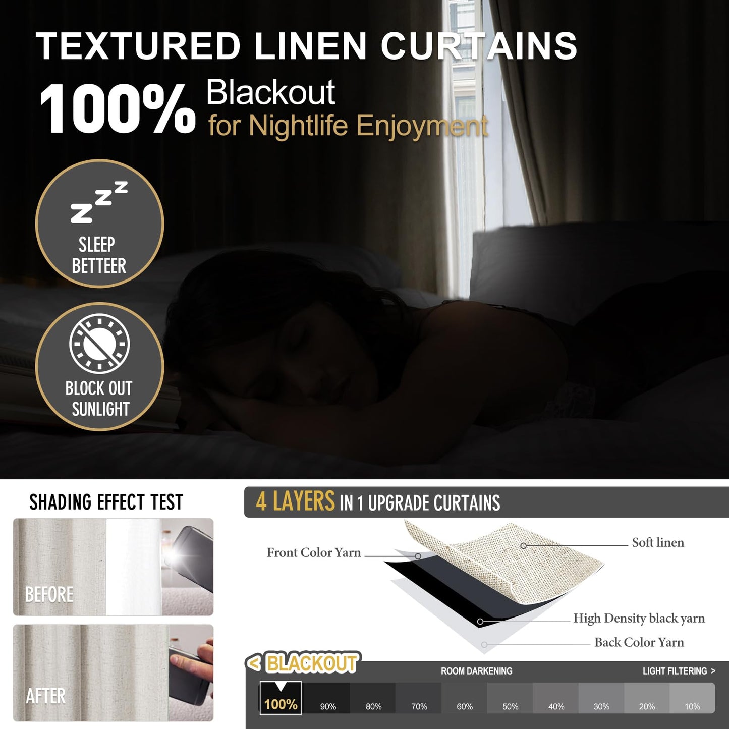 IVAPUPU Linen Pinch Pleated Blackout Curtains for Bedroom - 100% Black Out Natural Curtains 102 Inch Long 2 Panel for Living Room Darkening Thermal Insulated Thick Window Drapes with 16pc Hooks