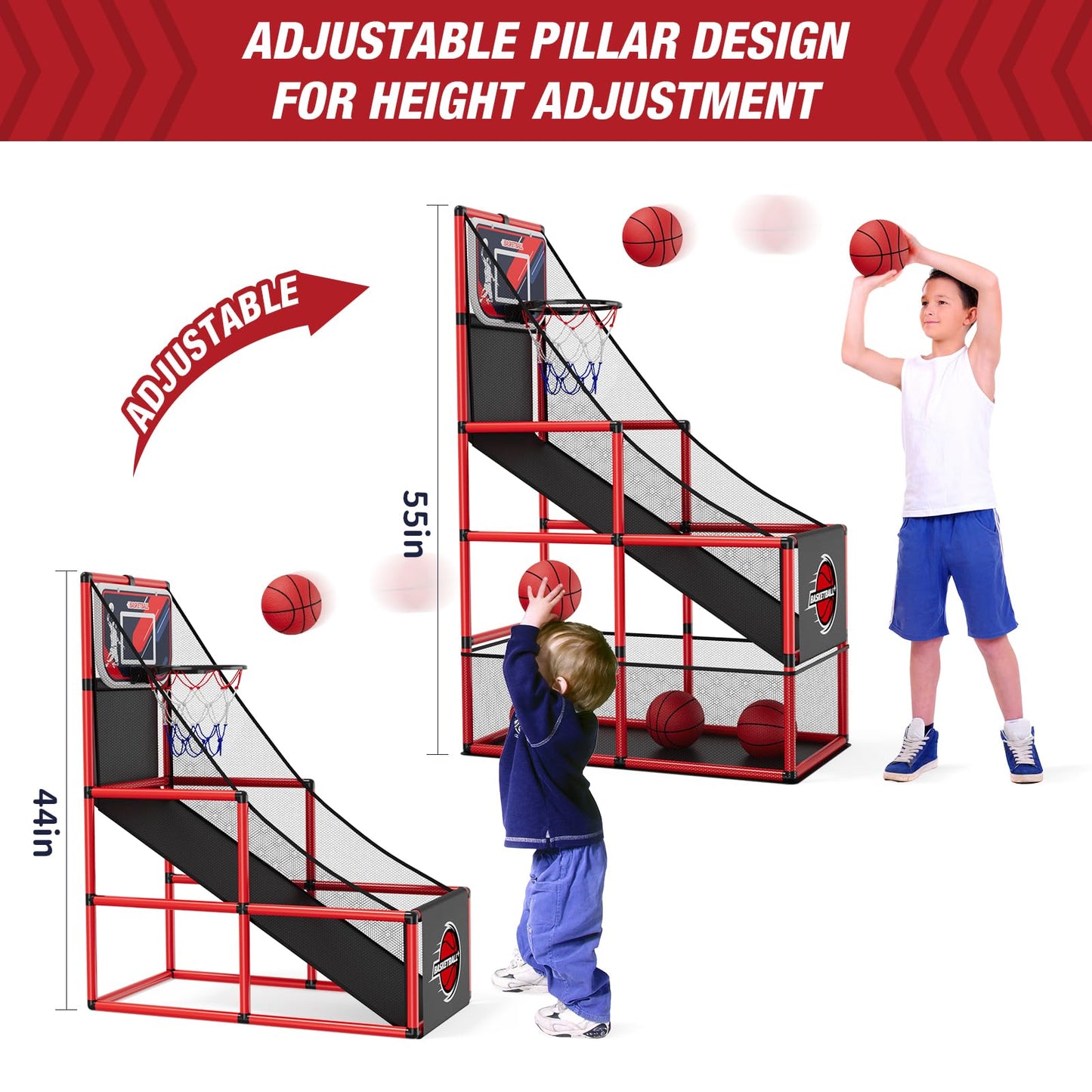 HYES Basketball Arcade Game Indoor Outdoor, Kids Basketball Hoop with 4 Balls & Pump, Single Shot Basketball Game at Home, Carnival Games Sport Toys Gifts for Boys Girls Teens Ages 3-12 Years Old