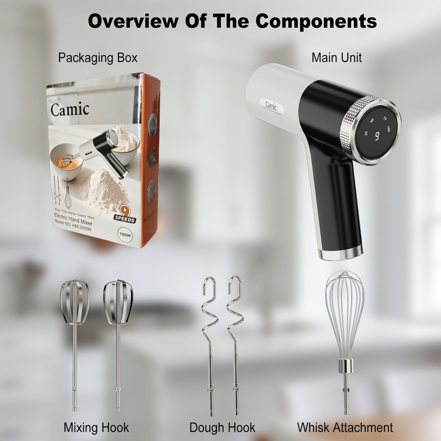 Camic Electric Hand Mixer with 9 Speeds, Powerful Motor, Cordless Hand Mixer with Whisk, Dough Hook and Mixing Rod for Whipping Eggs, Cream, Butter, Jam, Kneading Dough and Blending (White+Black)