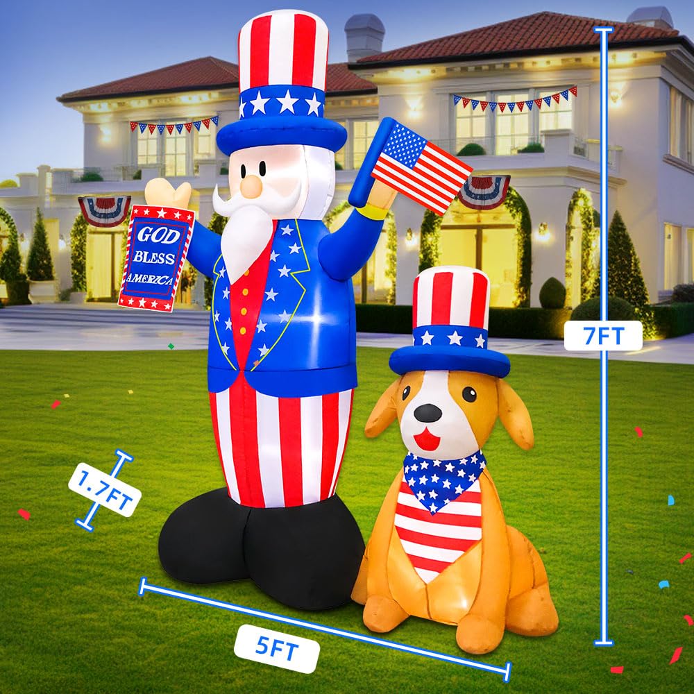 7FT Patriotic Independence Day 4th of July Inflatables Outdoor Decorations, Inflatable Uncle Sam with Dog, Built in LED Lights Blow up Fourth of July Decor for Holiday Party Garden Yard Lawn