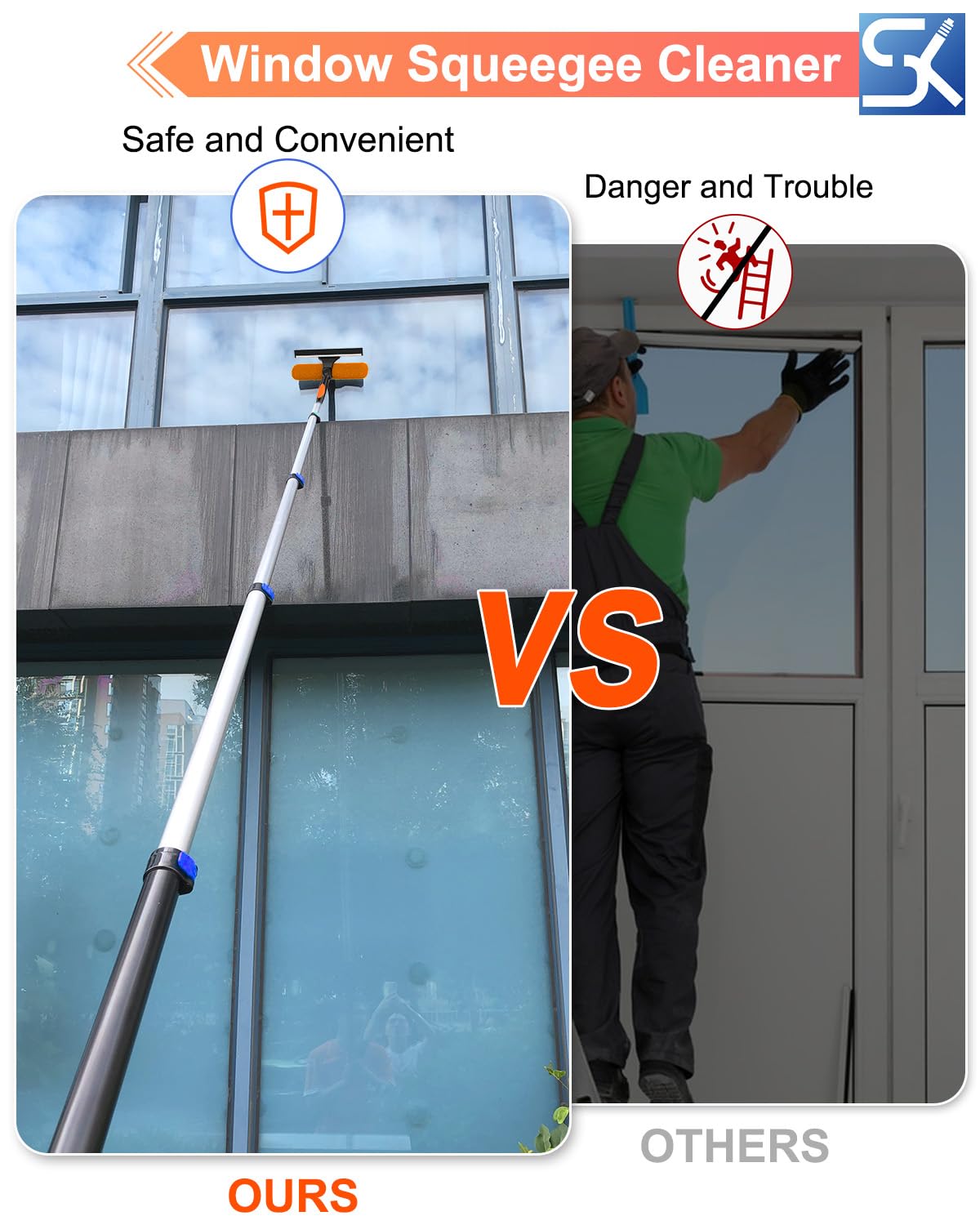 SKGPOLE 26FT Reach Window Squeegee for Window Cleaning Kit with 5-20 Foot Telescoping Extension Pole, 2 in 1 Window Squeegee, Cobweb Duster, Dust Kit Window Washing Kit for Car, Shower Glass Door
