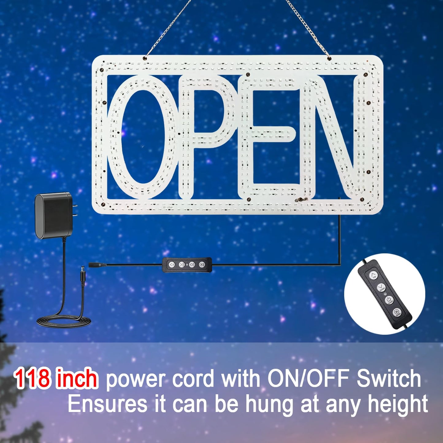 SHZHYIS 16.5"x9" Horizontal LED Open Sign for Business - Ultra Bright & Dimmable Store Sign with 4 Scene Modes, Includes Power Adapter - for Storefront, Coffee Shop, Bar, Salon Window