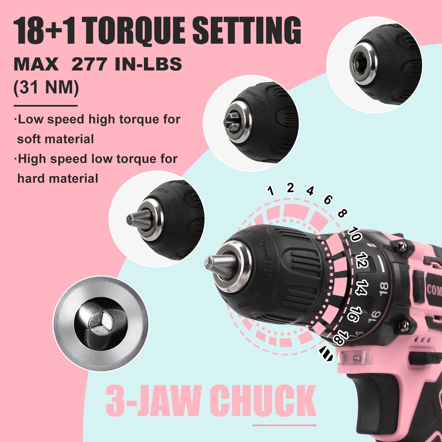 COMOWARE Pink Cordless Drill Set for Women, 12V Lightweight Electric Screwdriver with 3/8" Keyless Chuck, 1.5Ah Battery - Portable Power Drill Kit with Pink Tool Bag for Home DIY Projects