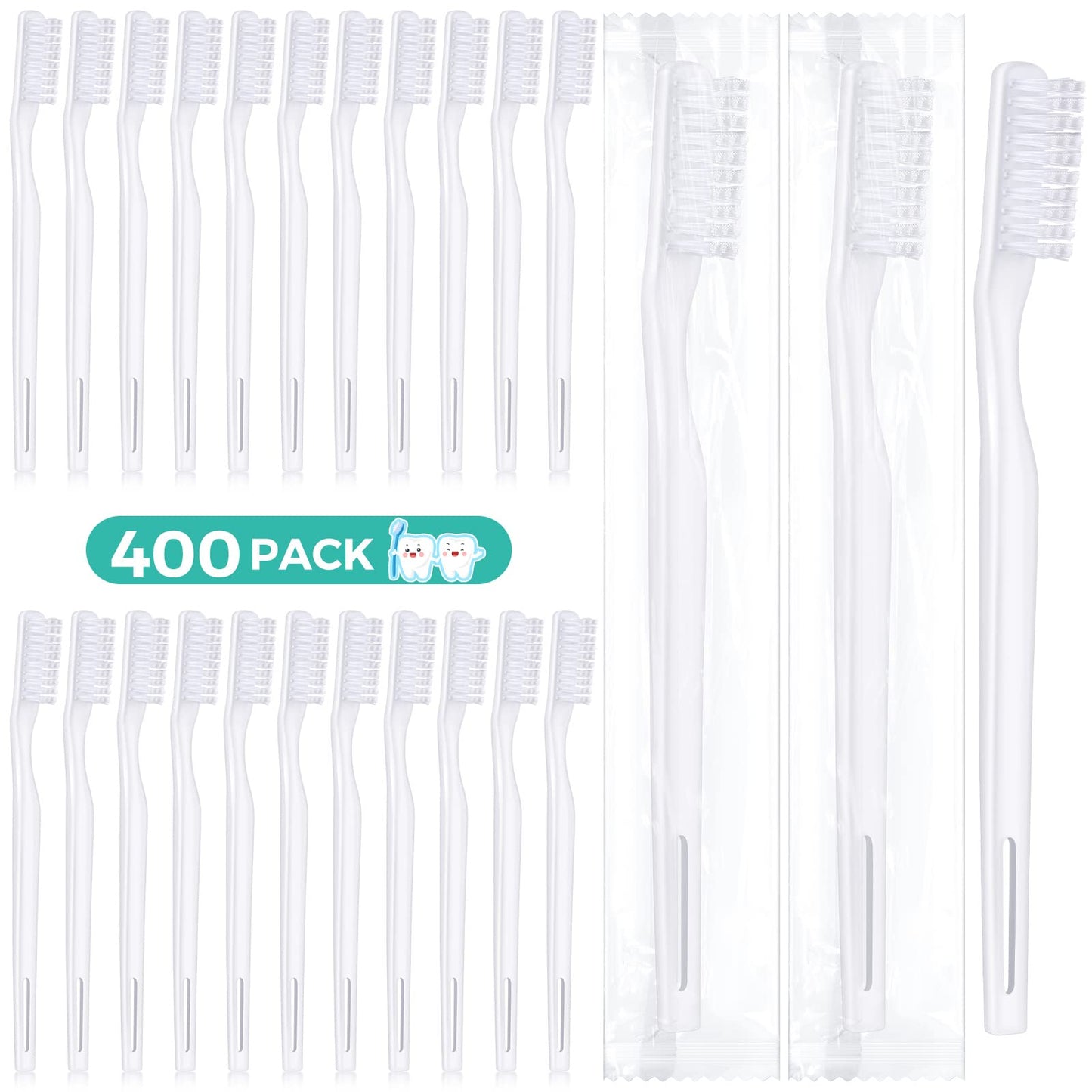 400 Pack Individually Wrapped Disposable Toothbrush Hard Bristle Adult Toothbrush Manual Tooth Brush Travel Toothbrushes Single Use Toothbrush for Homeless Women Men Hotels Guest Rooms, White