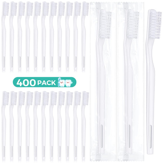 400 Pack Individually Wrapped Disposable Toothbrush Hard Bristle Adult Toothbrush Manual Tooth Brush Travel Toothbrushes Single Use Toothbrush for Homeless Women Men Hotels Guest Rooms, White