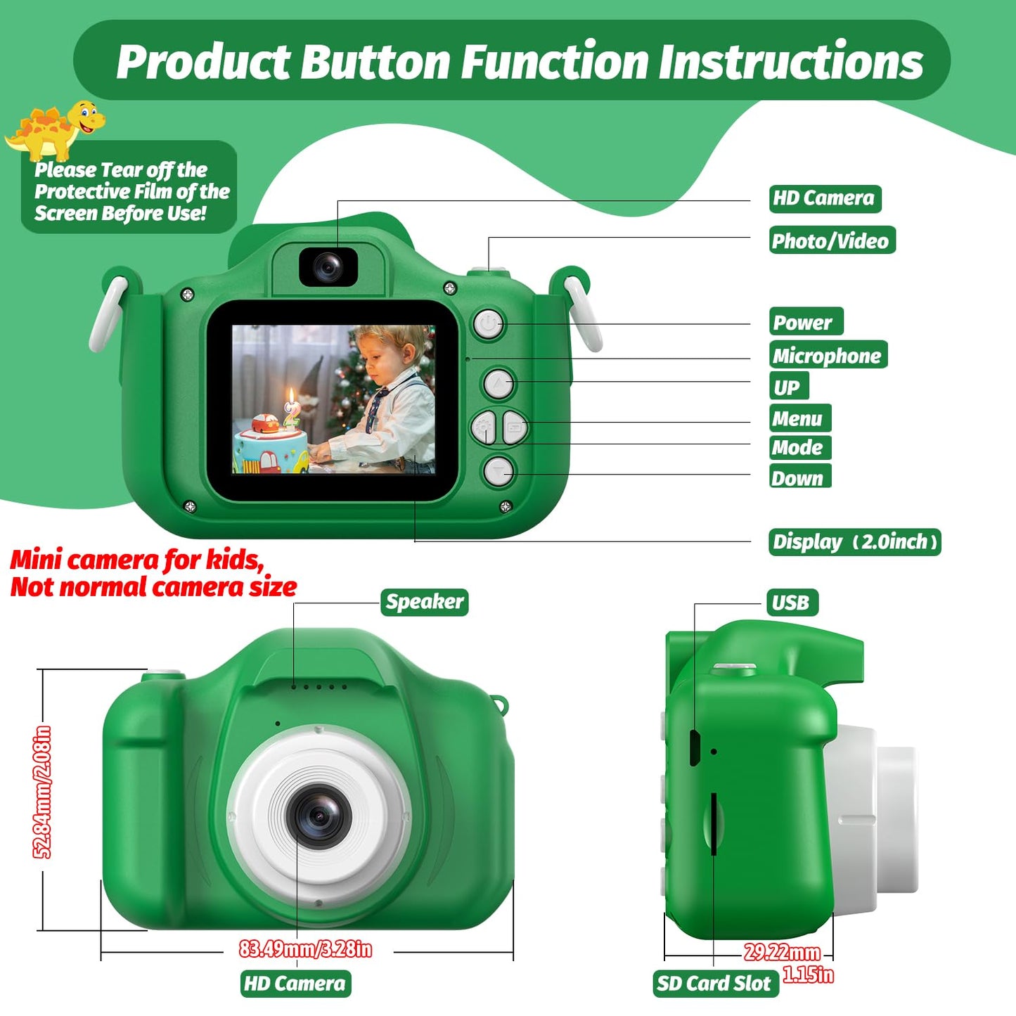 Upgrade Dinosaur Kids Camera, Christmas Birthday Gifts for Girls Boys 3-12, 1080P HD Selfie Digital Video Camera for Toddlers, Cute Portable Little Girls Boys Gifts Toys for 3 4 5 6 7 8 9 Years Old