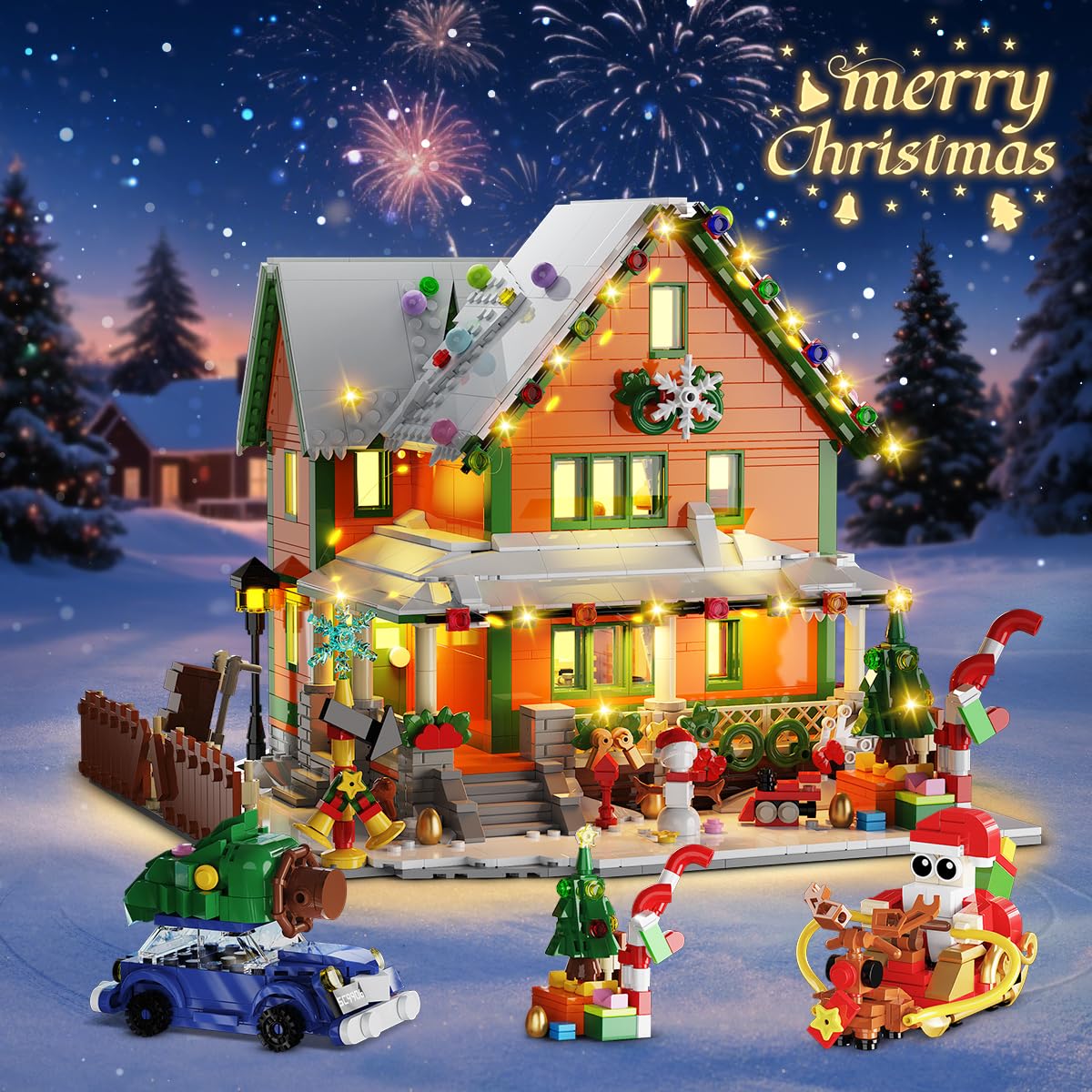 INSOON Advent Calendar 2025 Christmas House Mini Building Set with Light, 24 Days Countdown Snow Village Building Block Kit with Santa Claus Sleigh, Holiday Building Toy Gift for Adults Boys Girls 14+
