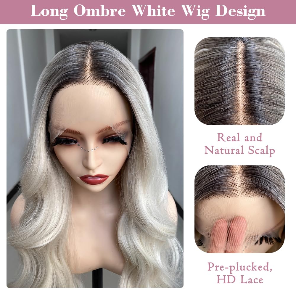 SISgrace Ombre White Grey Lace Front Wig Synthetic Body Wave Wig Wear and Go 13x4x1 T-part Lace 28 Inch Dark Roots to White Grey Color Pre-Plucked HD Glueless Lace Front Wig for Women