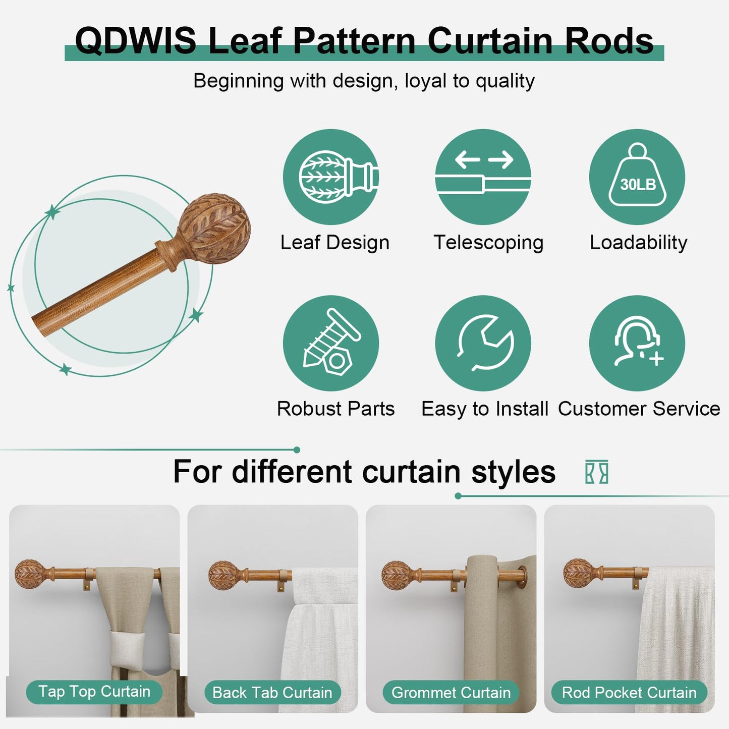 QDWIS Wood Curtain Rods for Windows 66 to 120 Inch, 1'' Adjustable Decorative Drapery Rods with Imitation Wood Grain Leaf Pattern Finials, Boho Heavy Duty Long Window Curtain Rods Set 36''-120''