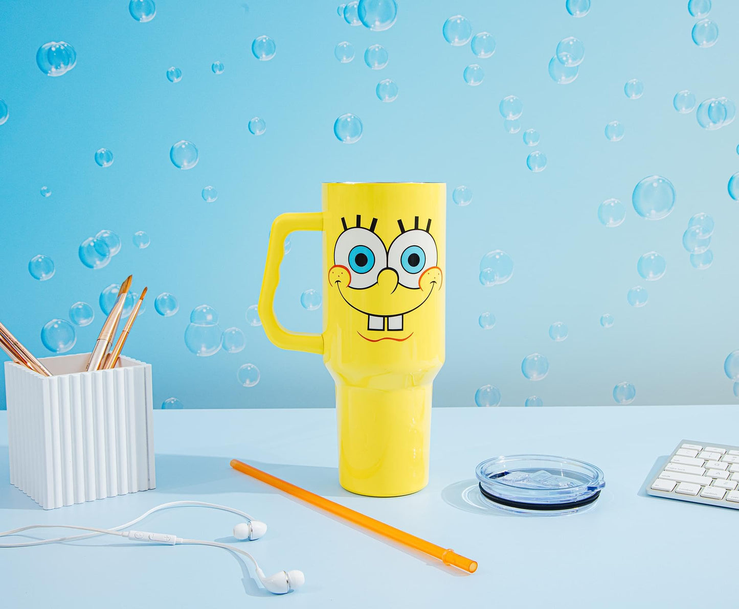 Silver Buffalo SpongeBob SquarePants Stainless Steel Tumbler with Handle, Fits in Standard Cup Holder, 40 Ounces