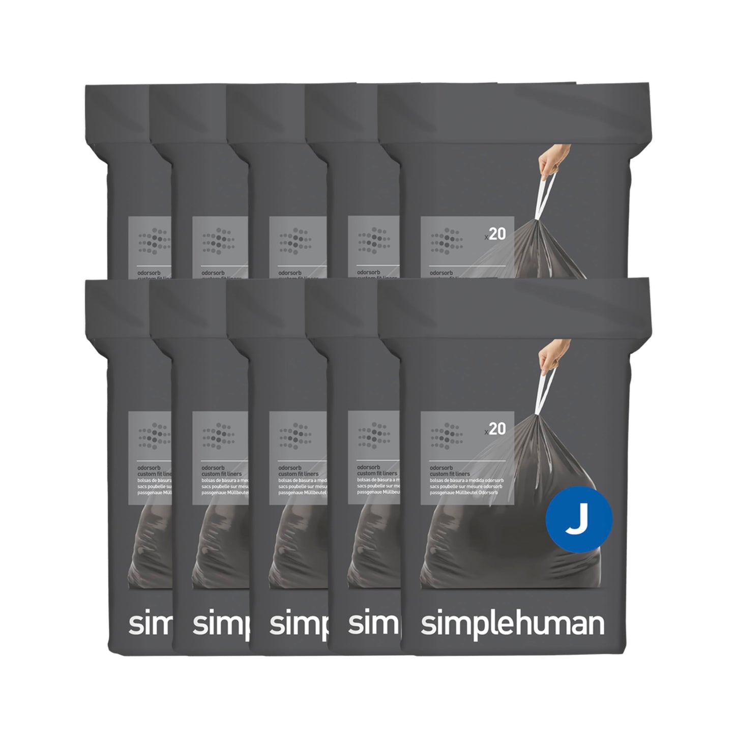 simplehuman Code J 200 Count Odorsorb® Custom Fit Liners, Drawstring Odor Absorbing Trash Bags, One-by-One Mess-Free Dispense, Extra Thick & Double Seamed, 50% PCR Plastic, 38-45 Liter / 10-12 Gallon