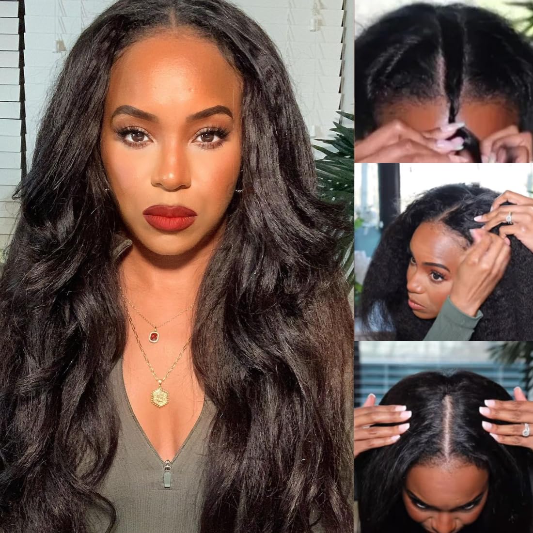 Nadula V Part Wig Yaki Straight Human Hair No Leave Out Glueless Upgraded U Part Wigs for Women,10A Yaki Straight V-part Wigs V Shape Clip in Half Wig Ready to Go 150% Density 16inch