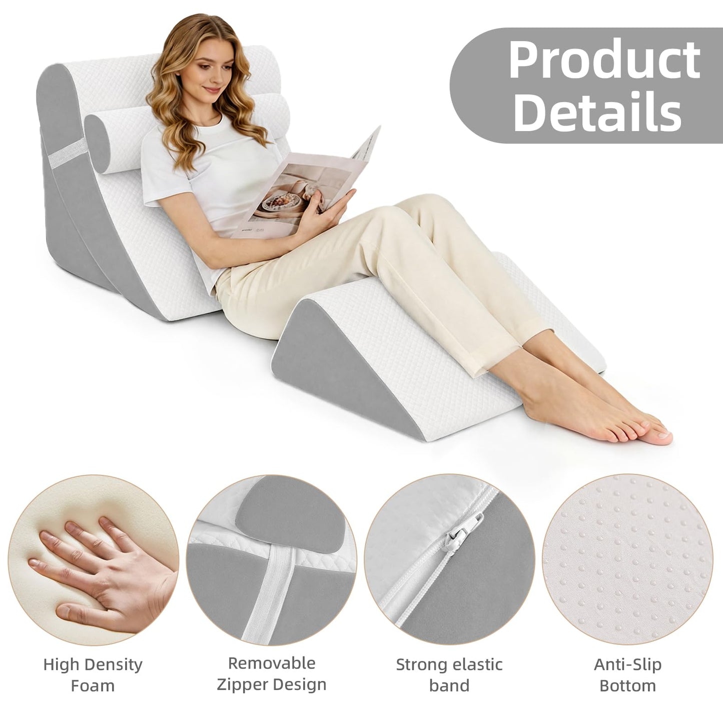 LevNubis 4PCS Orthopedic Bed Wedge Pillow Set for Post Surgery & Pain Relief,Adjustable Wedge Pillow for Back,Sitting up in Bed,Recovery,Acid Reflux,Snoring,Body Pillow for Sleeping (White/Light Grey)