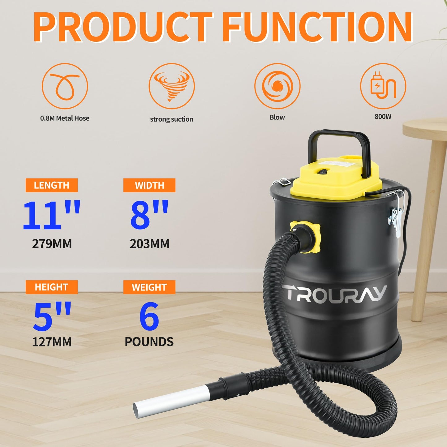 TROURAY Fireplace Ash Vacuum Cleaner, 2.6 Gallon Heat Resistant Lightweight Canister Vacuum Cleaner with 800W Powerful Suction Blowout for Fireplaces, Pellet Roasters, Woodstoves Pellet Ash Vacuums