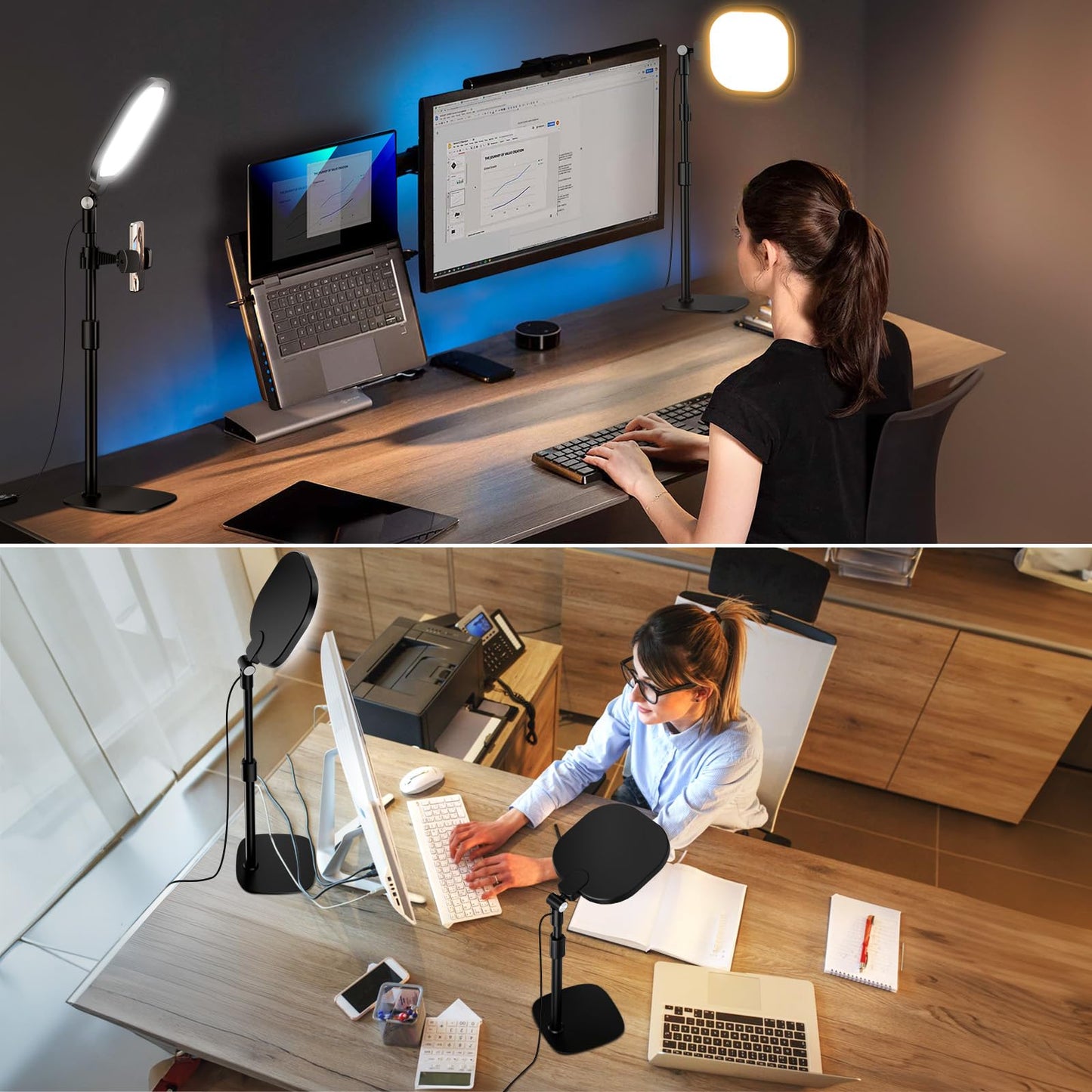 2 Packs Video Conference Lights for Zoom Meeting, LitONES Podcast Lighting Kit for Working from Home Office, Desktop Video Light with Stand and Phone Holder CRI 97.8