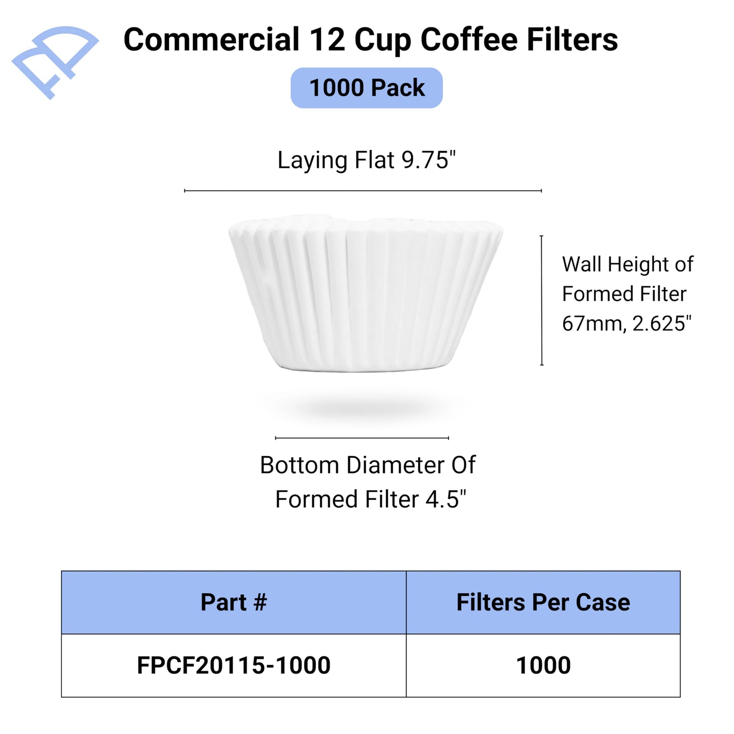 FLTR PUR - 12 Cup Large Coffee Filters - Extra Tall Walled 9.75” x 4.5” to Prevent Ground Overflow - Compatible Bunn 12 Cup Commercial Coffee Maker - For Businesses (1000 Filter Bulk Pack)