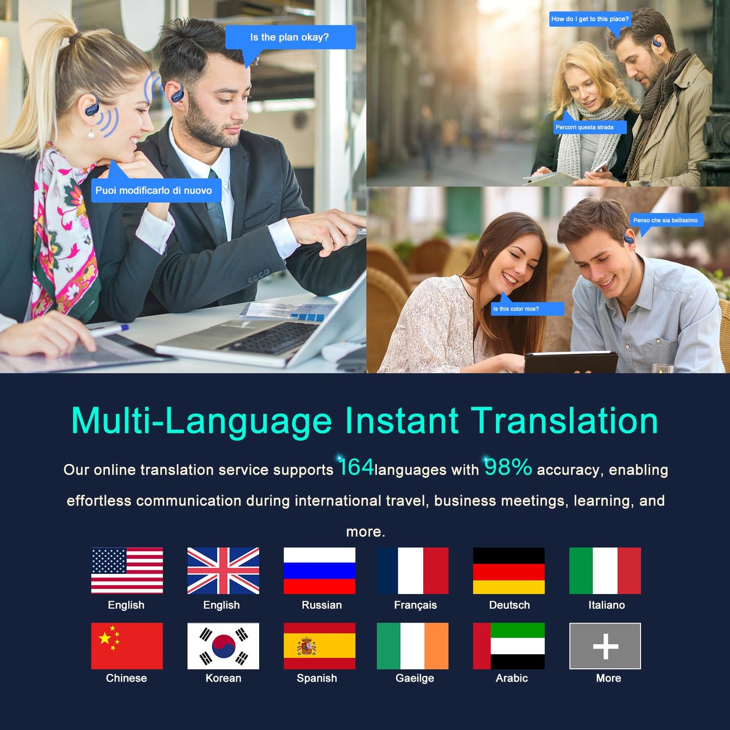 AI Translation Earbuds Real Time, 164 Language Translator Earbud 3-in-1 Bluetooth 5.4 Translator Earbuds with 6 Translation Modes, 75H Translators Headphones with APP for Travel Business, Royal Blue