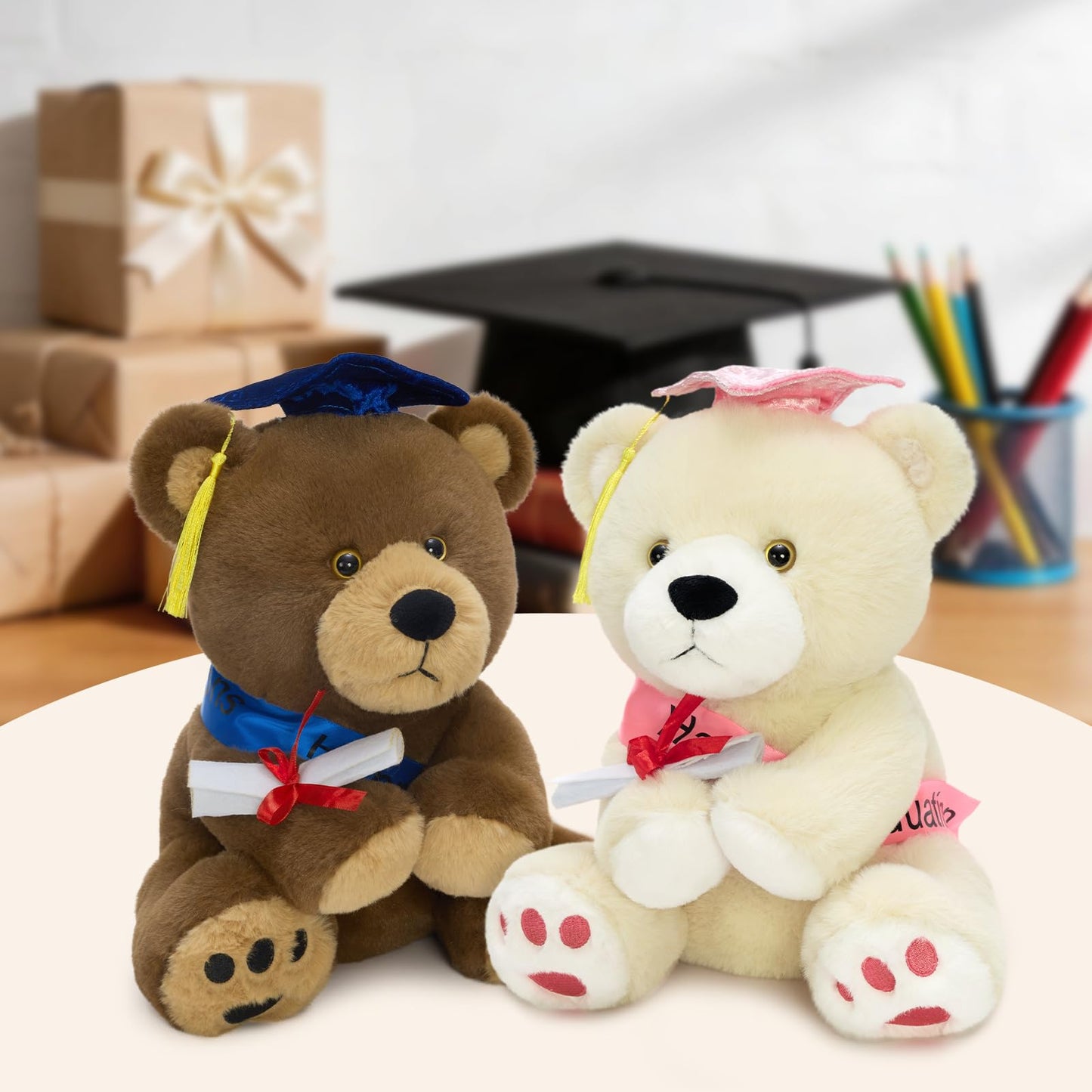 MorisMos Graduation Teddy Bear Stuffed Animal 2026, 12inch Graduation Bear Plush with Cap, Diploma and Congrats Sash, Graduation Gift for Graduates Kindergarten Middle School College, Beige, Pink