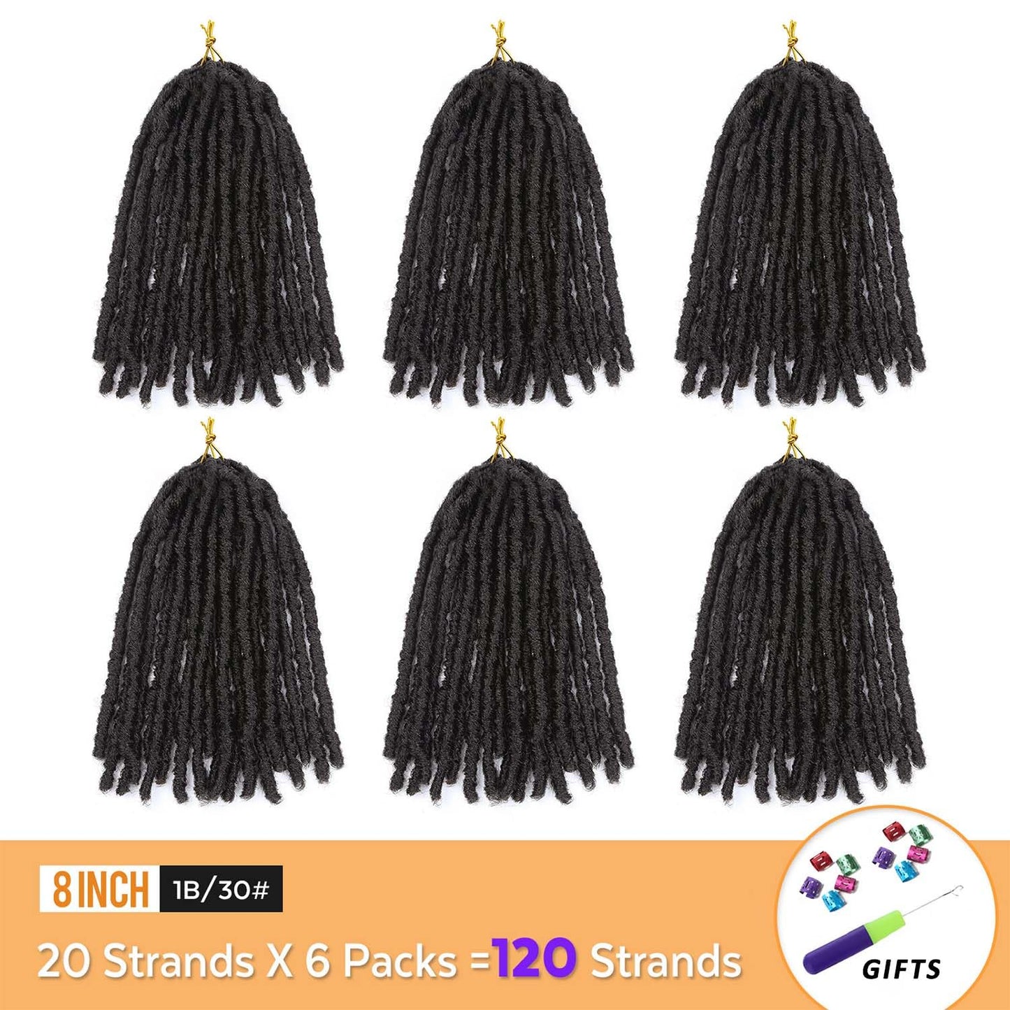 WIGNEE Crochet Hair 120 Strands Faux Locs 8 Inches Soft Locs Pre-Twisted Locs 6 Packs Pre-Looped Crochet Hair for Black Women(8 Inch,1B)