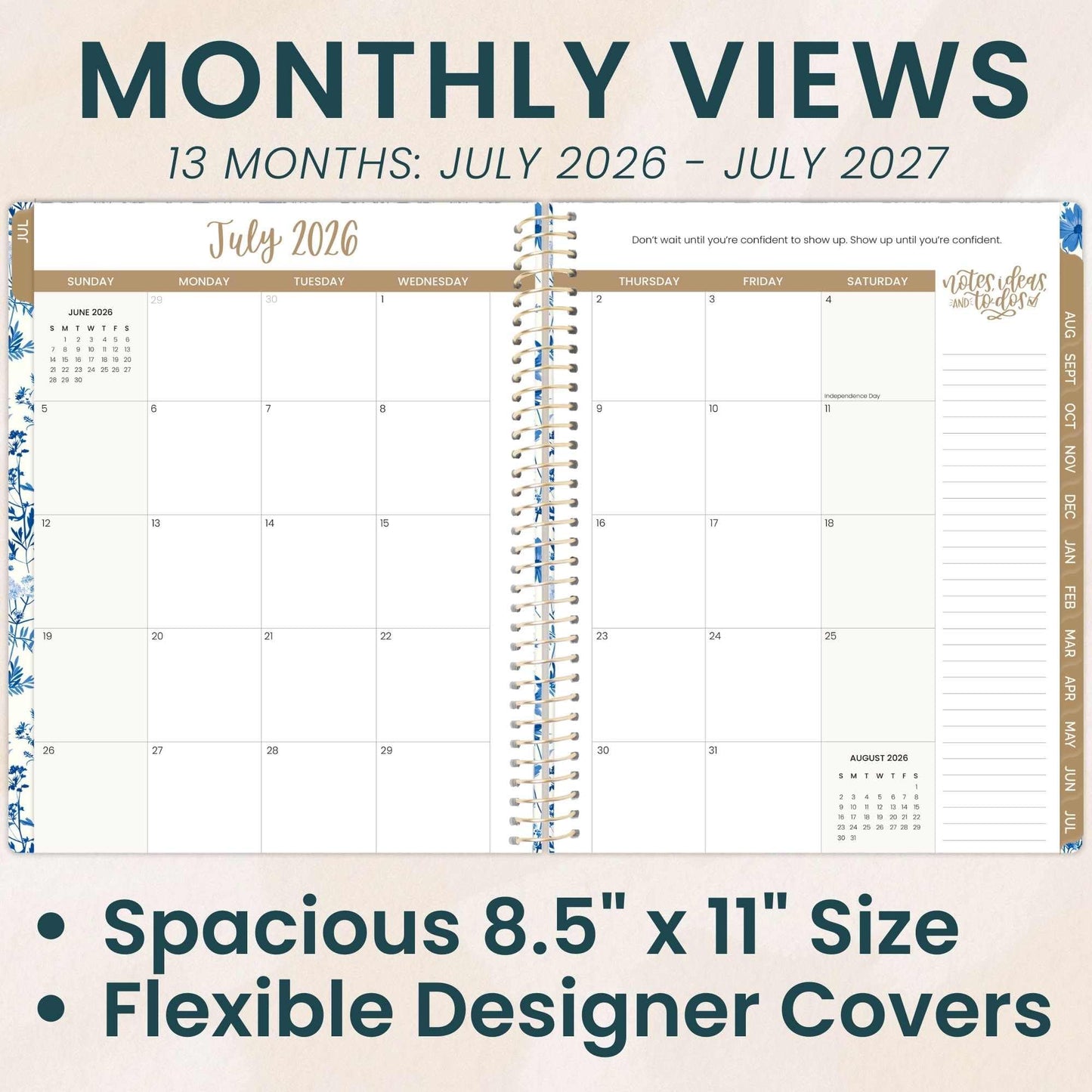 bloom daily planners 2026-2027 Planner (8.5” x 11") 13 Month Academic Organizer (July 2026 - July 2027) - Weekly & Monthly Agenda Book with Stickers & Tabs - Blue & White Floral