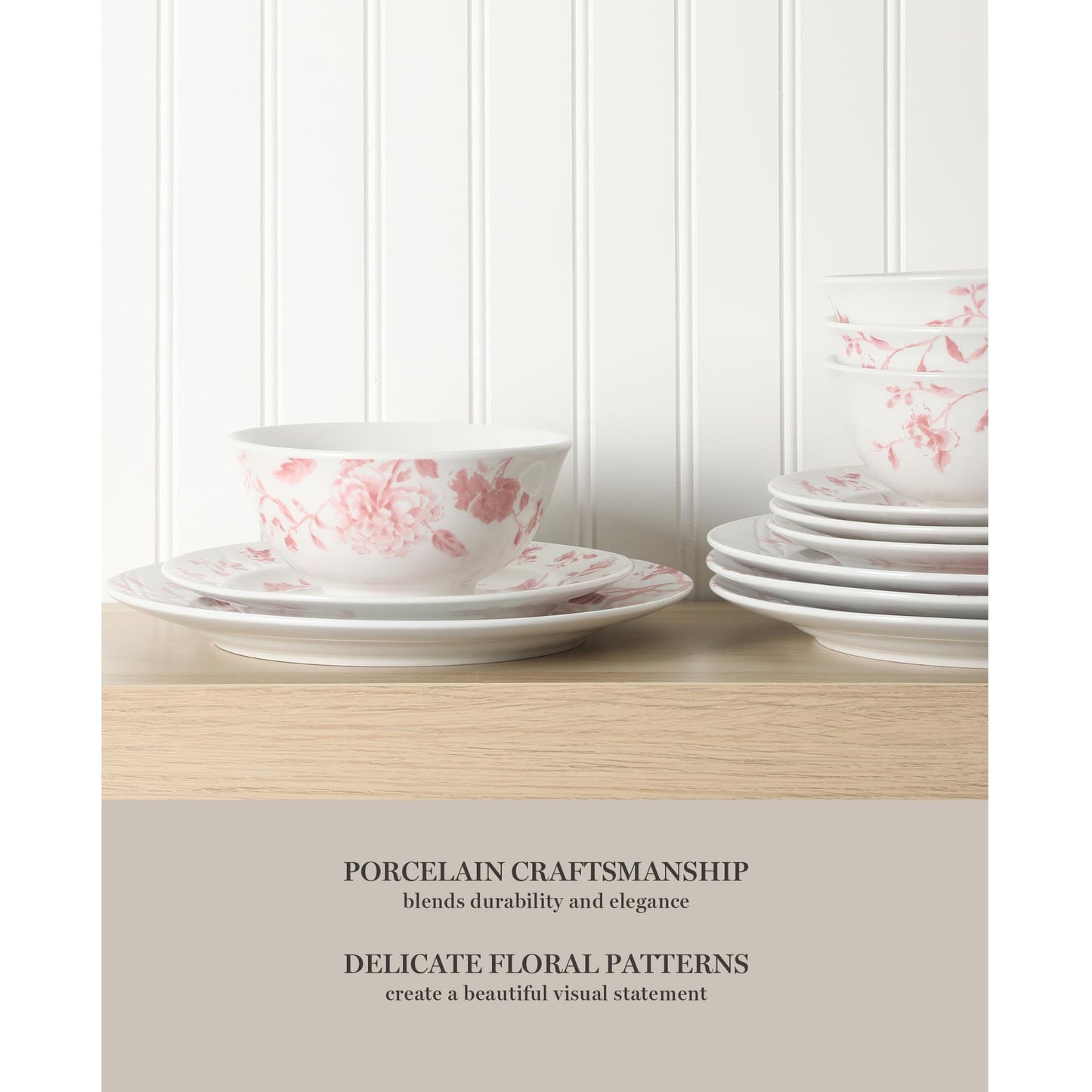 Martha Stewart Empress Bouquet 12-Piece Decorated Porcelain Chip and Scratch Resistant Dinnerware Plates and Bowls Set - Pink Floral