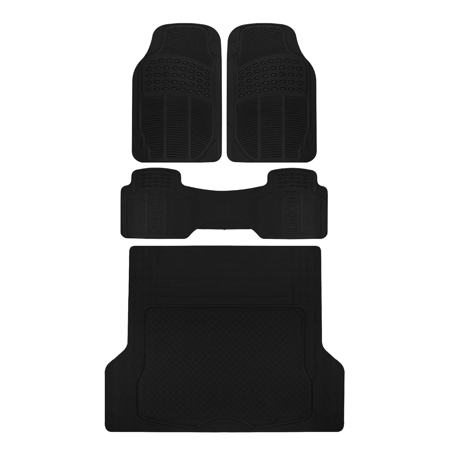 BDK Proliner All Weather Rubber Auto Floor Mats and Trunk Cargo Liner - Front & Rear Heavy Duty Set Fit for Car SUV Van and Truck, Black, 4 Pieces (Trim to Fit)