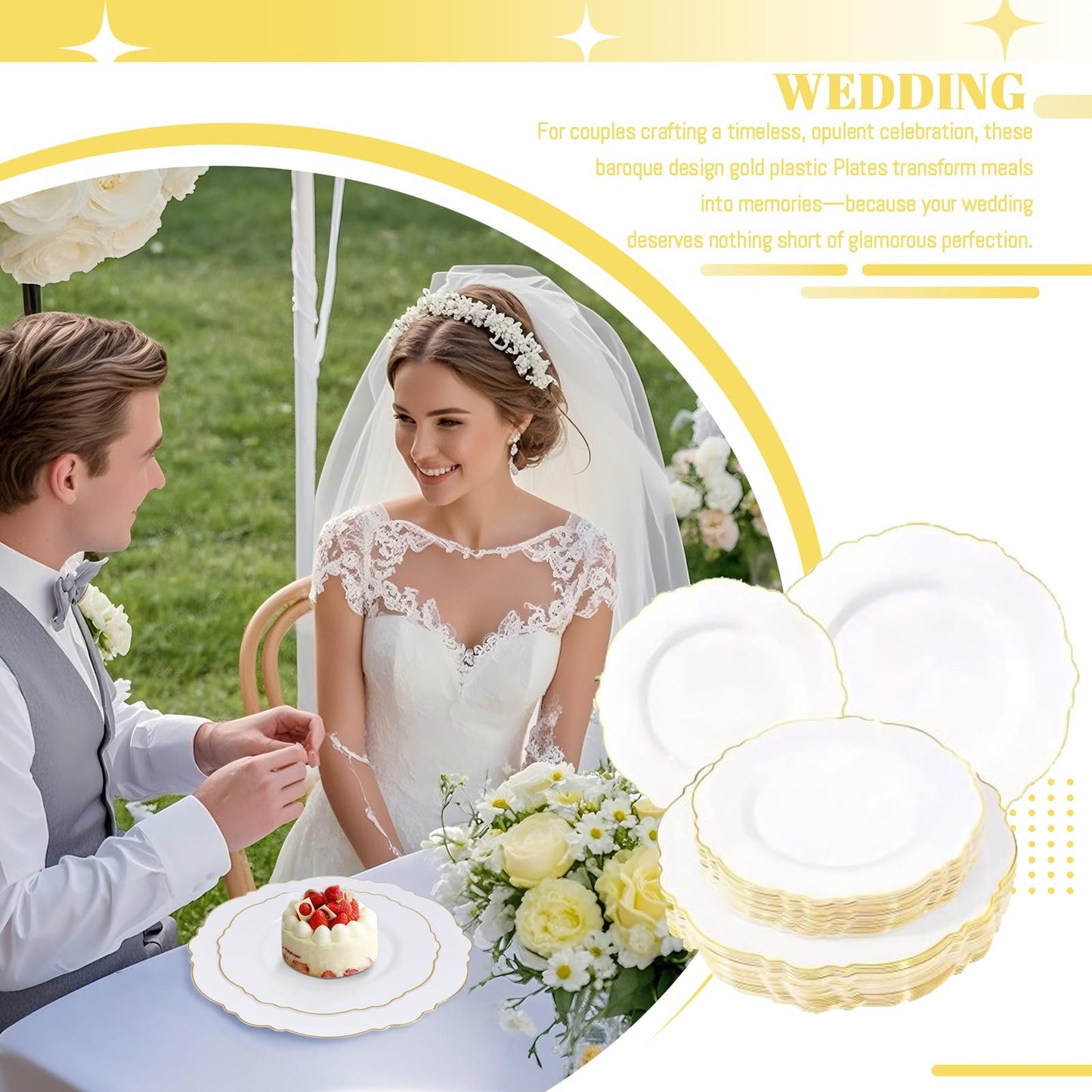 WDF 60pcs White and Gold Plastic Plates - Baroque White With Gold of 30 Heavy Duty Gold dinner plates 10.25inch, 30 Salad Plates 7.5inch