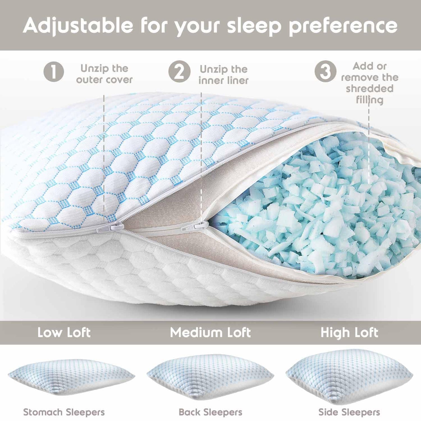 Nestl Cooling Pillow for Sleeping 2 Pack, Luxury Shredded Memory Foam Pillows Queen Size Set of 2, Adjustable Cold Gel Pillows for Hot Sleepers Supportive Cool Pillow for Side Back Stomach Sleepers