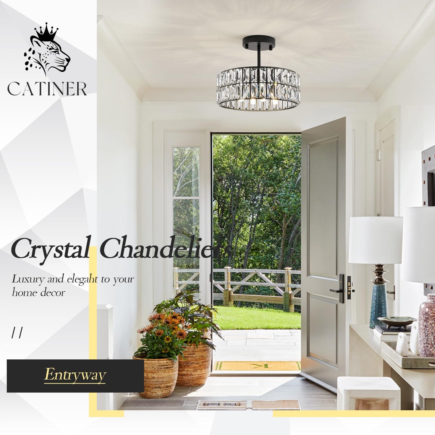 Crystal Pendant Light 4-Light Modern Black Chandelier Small 12” Crystal Semi Flush Mount Ceiling Light Round for Kitchen Island Foyer Hallway