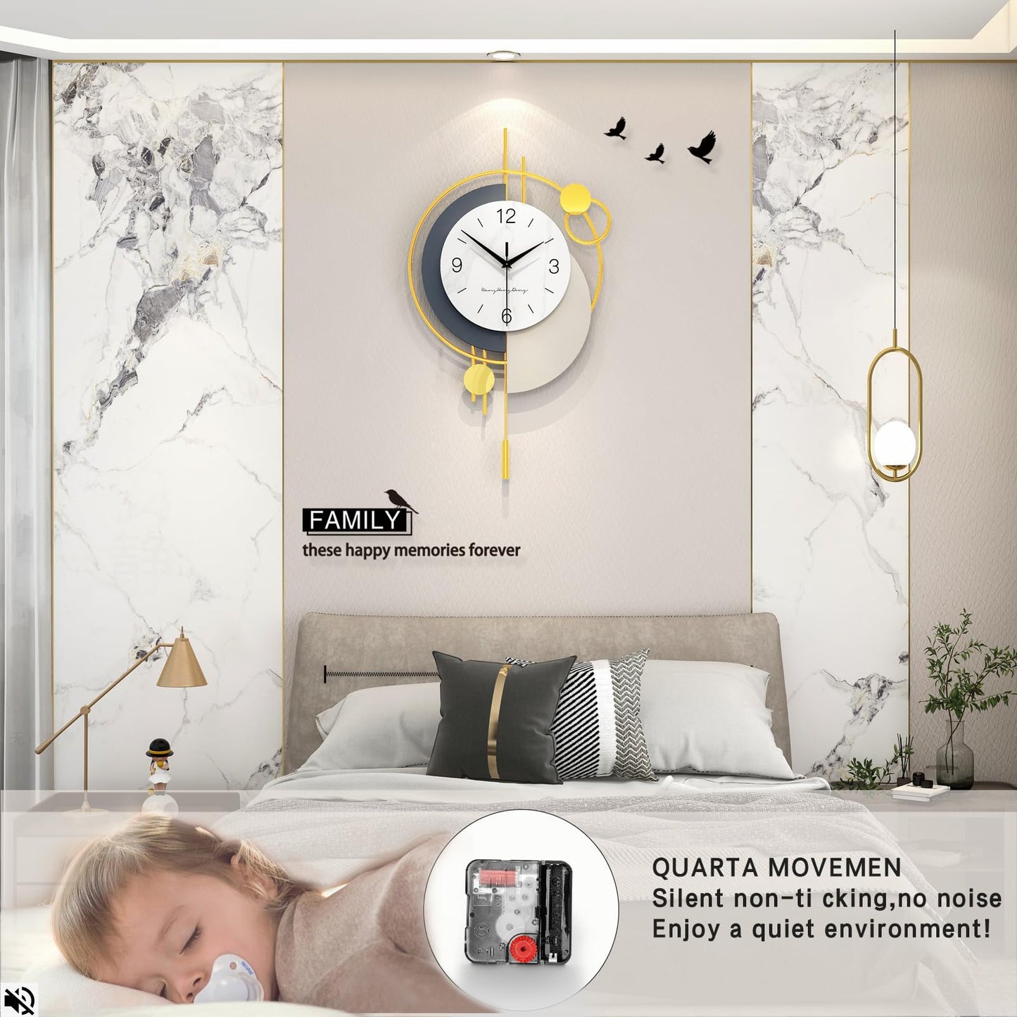 FLEBLE Decorative Wall Clock Silent Quality Quartz Wall Clock with Pendulum Battery Operated Large Clock for Living Room,Kitchen,Home,Bathroom,Bedroom Wall Decor,18x31 inches