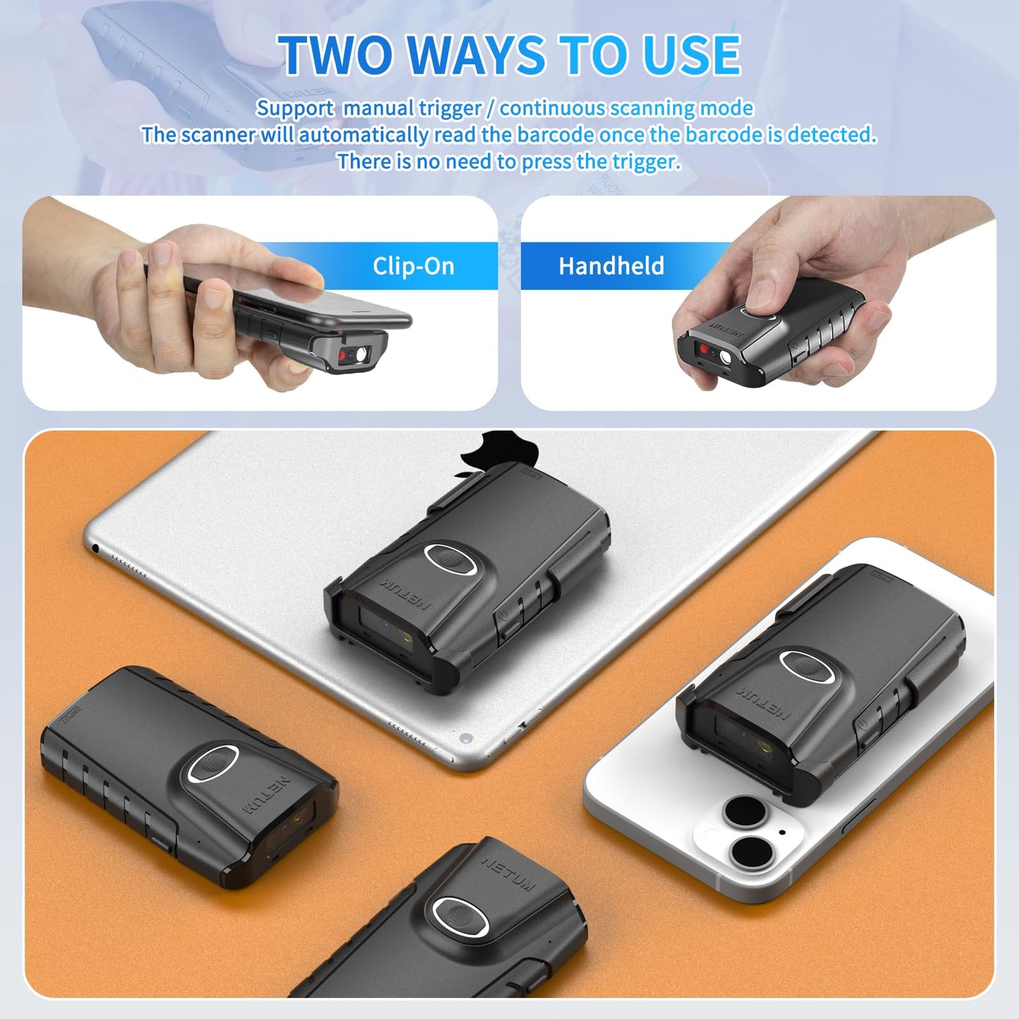 NETUM Bluetooth 2D Barcode Scanner, 3-in-1 Small Portable QR Bar Code Reader Automatic Wireless Gun Scan Back Clip Work with Tablet iOS Android Windows MacOS for Warehouse Inventory POS (2D - E800)