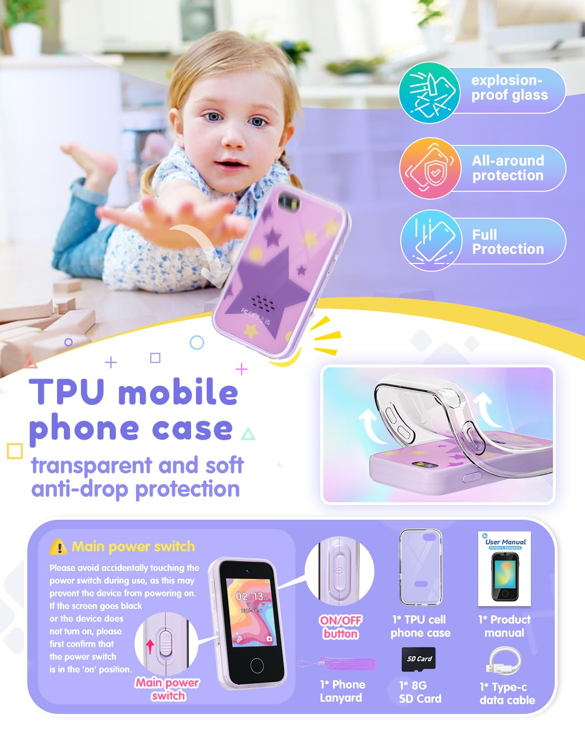 JOYJAM Phone for Kids Age 3-8,Kids Smart Phone for Girls Christmas Birthday Gifts,Toy Phone with Dual Camera Music Player Puzzle Games,Touchscreen Phone Learning Toy for 3 4 5 6 7 8 Year Old Girls