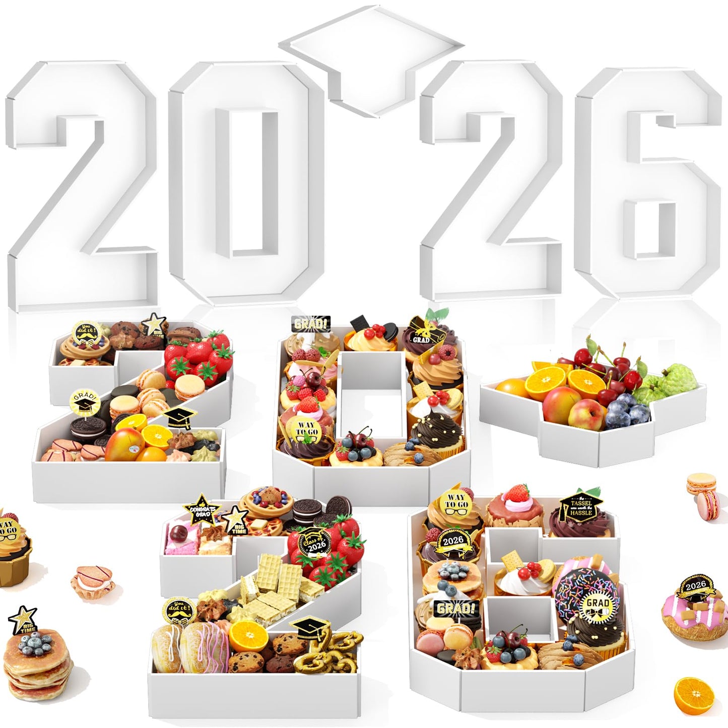 2026 Charcuterie Numbers Fillable, 13.78'' White 2026 Cardboard for Charcuterie, Number 2026 Tray for Chocolate Cookies Flowers Cupcakes Box with Graduation Cap, Class of 2026 Graduation Decorations