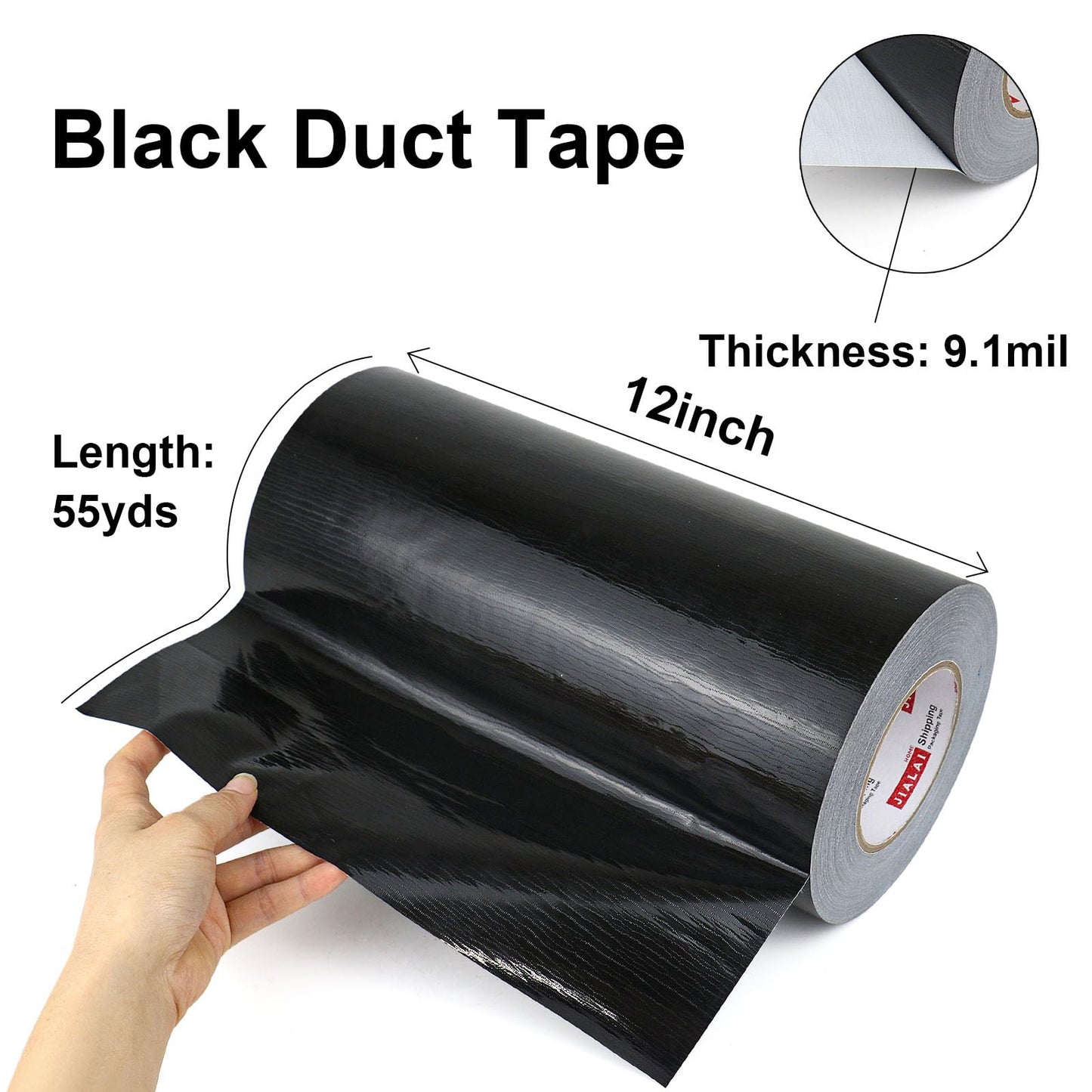 JIALAI HOME 12" Black Duct Tape, Industrial Grade 12 inches x 55 Yards (164 ft) Wide Tape Duct, 9 Mil Heavy-Duty, Waterproof, Strong, Flexible, No Residue, for Crafts & Home Improvement