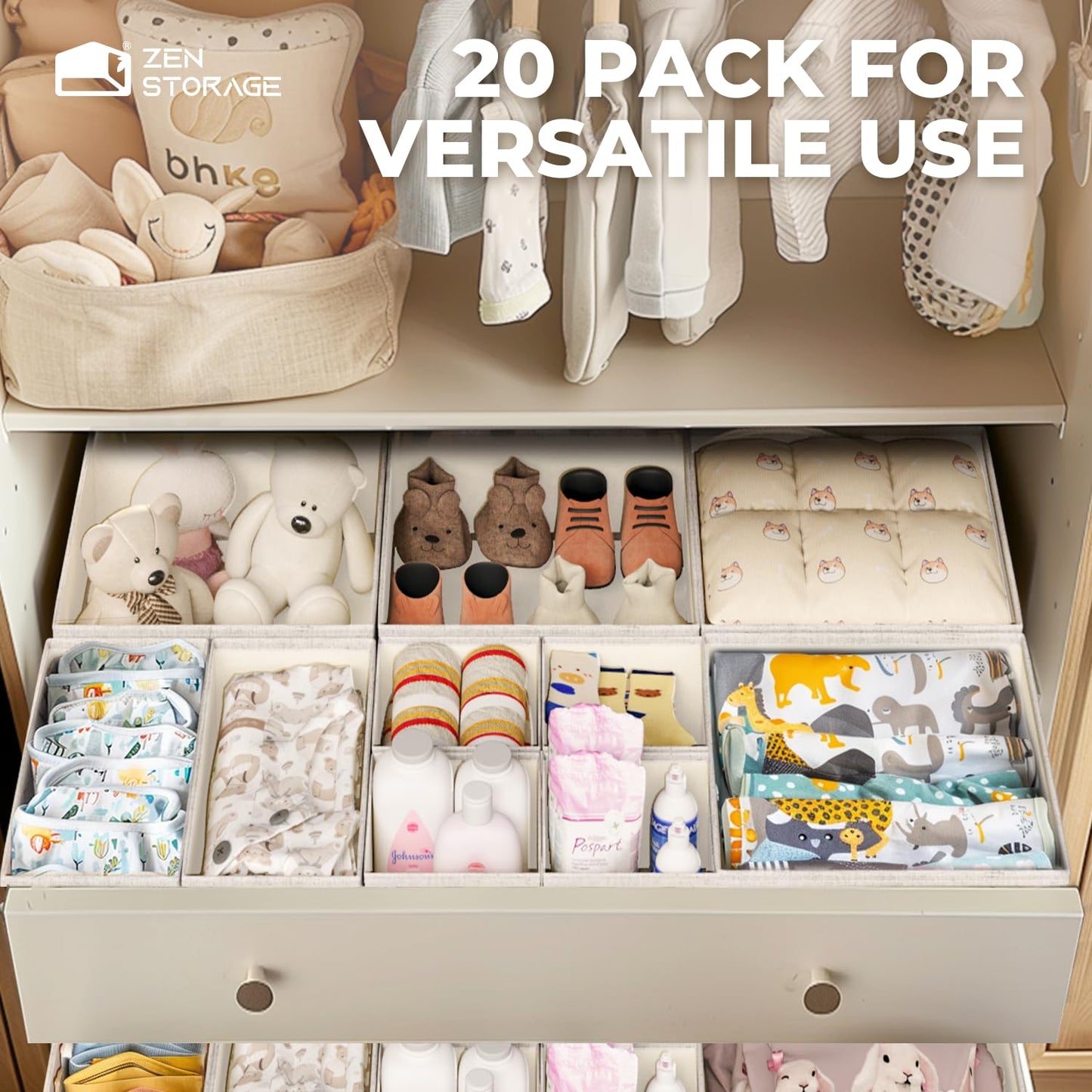 ZenStorage Cotton Linen Drawer Organizers for Baby Clothes, 20Pack Multi-Size Nursery Dresser Dividers for Clothes, Premium Foldable Storage Bins for Bedroom, Closet and Diaper Table, Beige