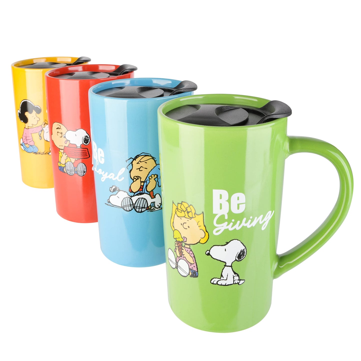 Peanuts Snoopy Gentle Reminders 18oz Stoneware Travel Cups with Lid, 4-Pack, Assorted Colors, Reusable Coffee Mug Set