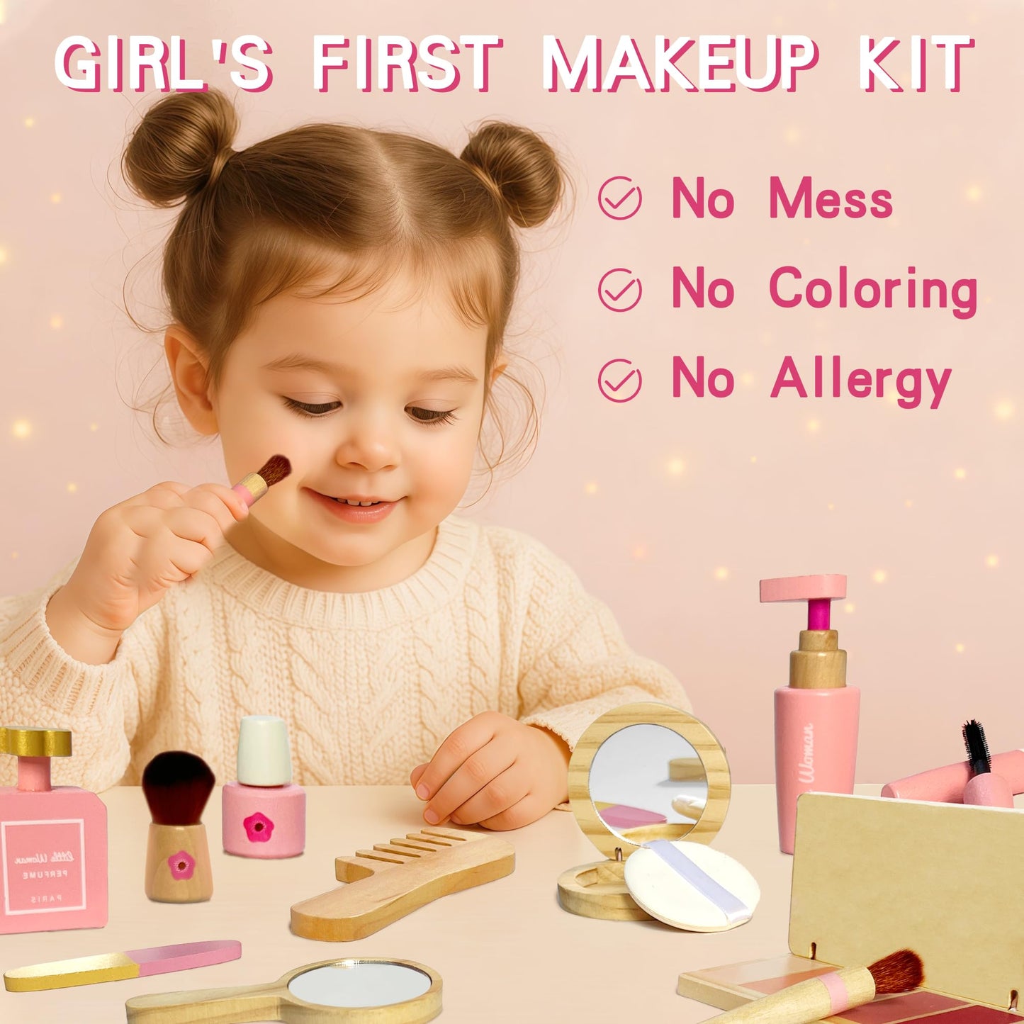ManManLine Wooden Pretend Makeup Toy Set for Girls, Realistic Cosmetic Kit with Lipstick & Mirror, Pretend Play Gift for Toddlers & Kids Ages 3-8